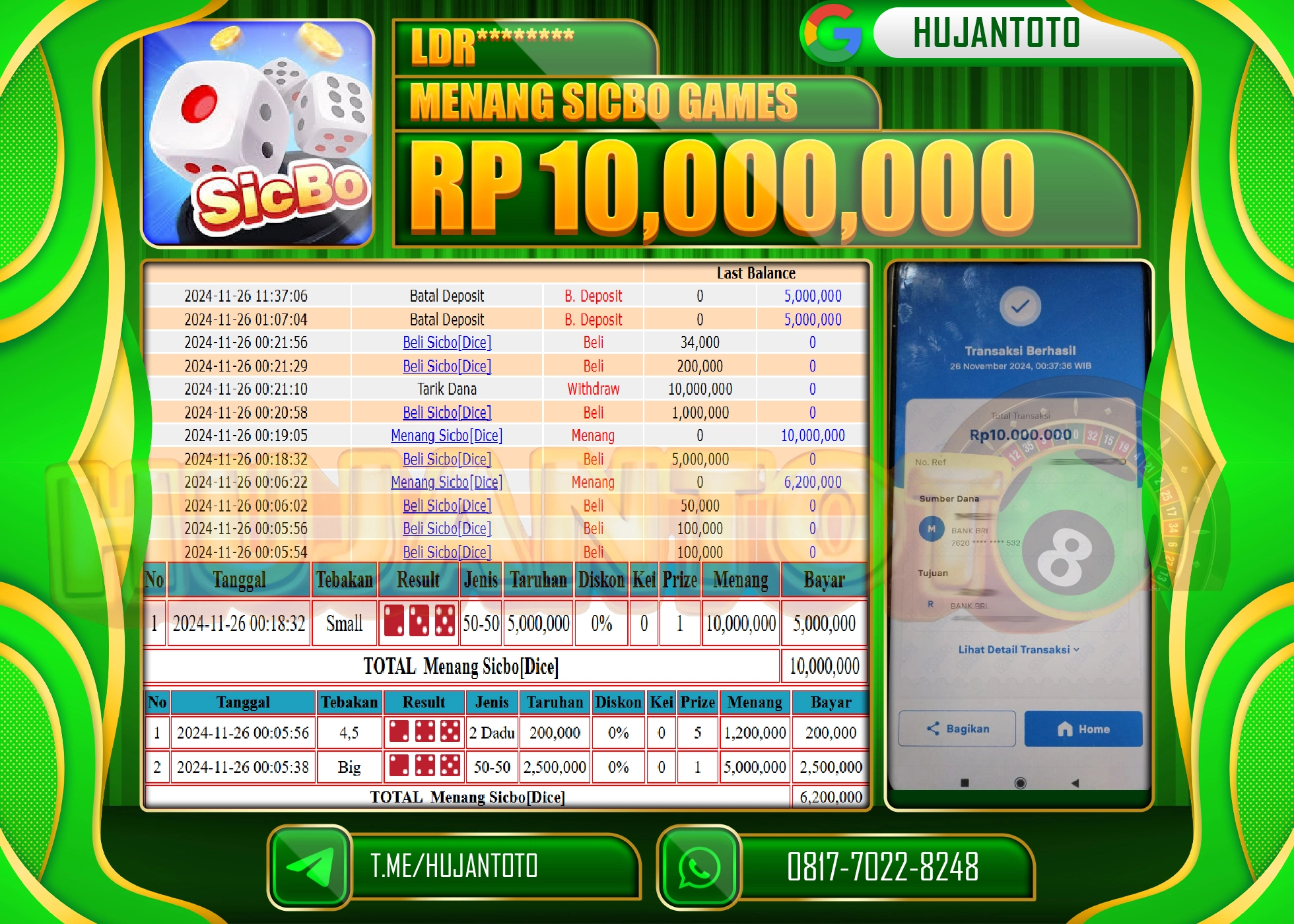 HUJANTOTO KEMENANGAN JACKPOT  BESAR DI LIVE GAME SICBO GAMES DIRAIH SEBESAR  - 10,000,000 - LUNAS