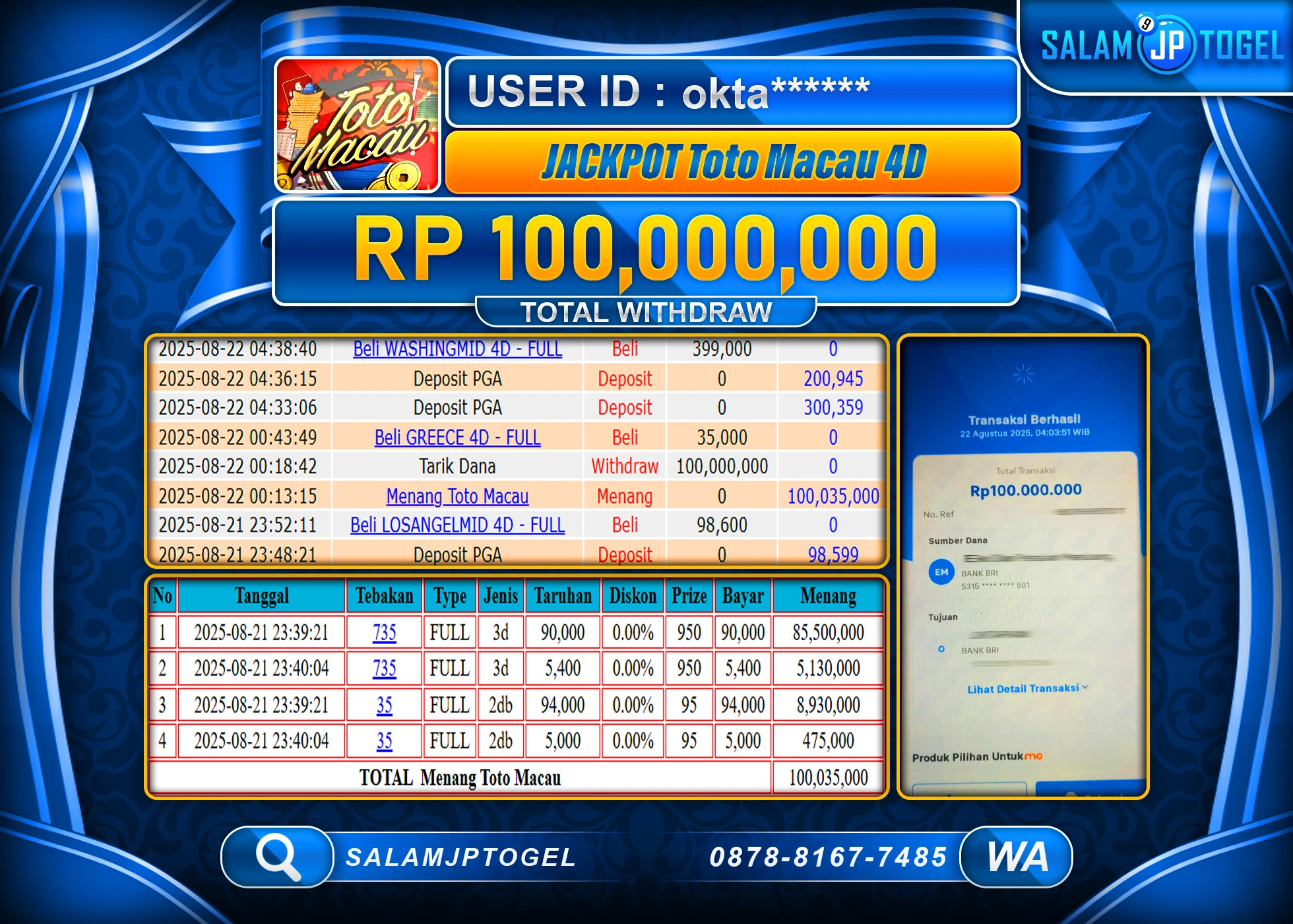 SALAMJPTOGEL MENANG TOTO MACAU 4D Rp.100,000,000