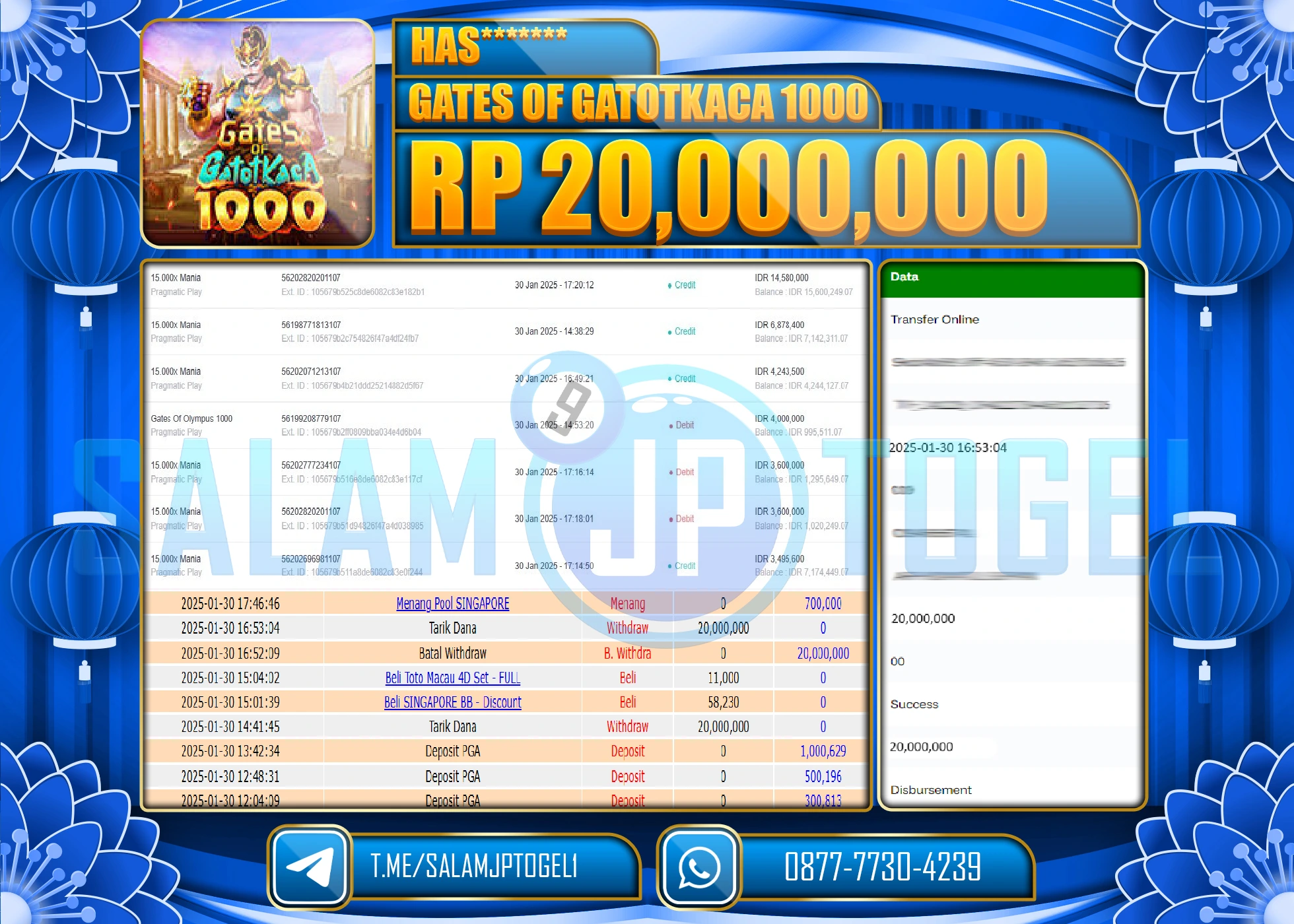 SALAMJPTOGEL MENANG GATES OF GATOT KACA 1000 Rp.20,000,000 LUNAS