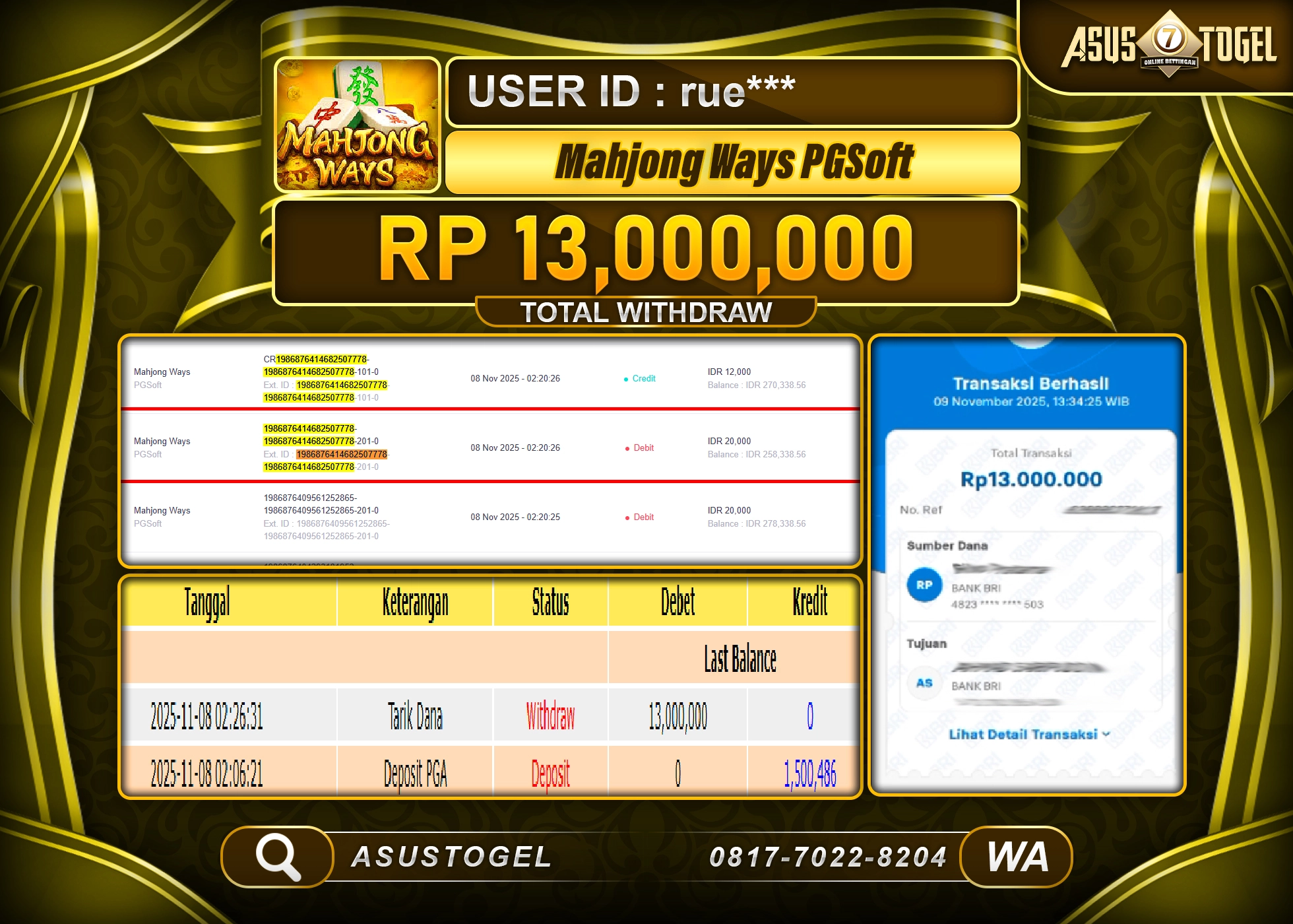 ASUSTOGEL KEMENANGAN DI SLOT MAHJONG WAYS SEBESAR 13,000,000 - RUPIAH LUNAS