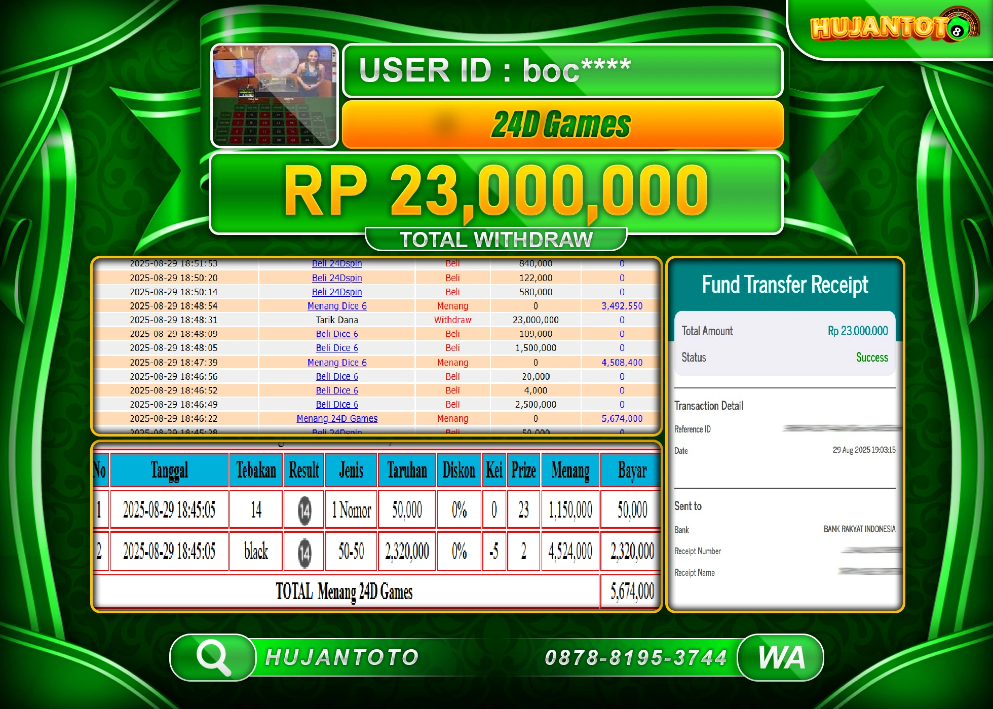 HUJANTOTO - BUKTI JACKPOT MENANG LIVEGAME 24D GAMES  Rp.23,000,000  - TERBAYAR LUNAS