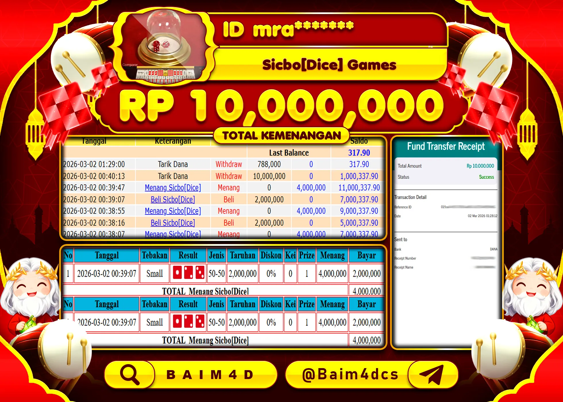 BAIM4D JACKPOT LIVE GAME SICBO DICE  Rp.10,000,000 - LUNAS
