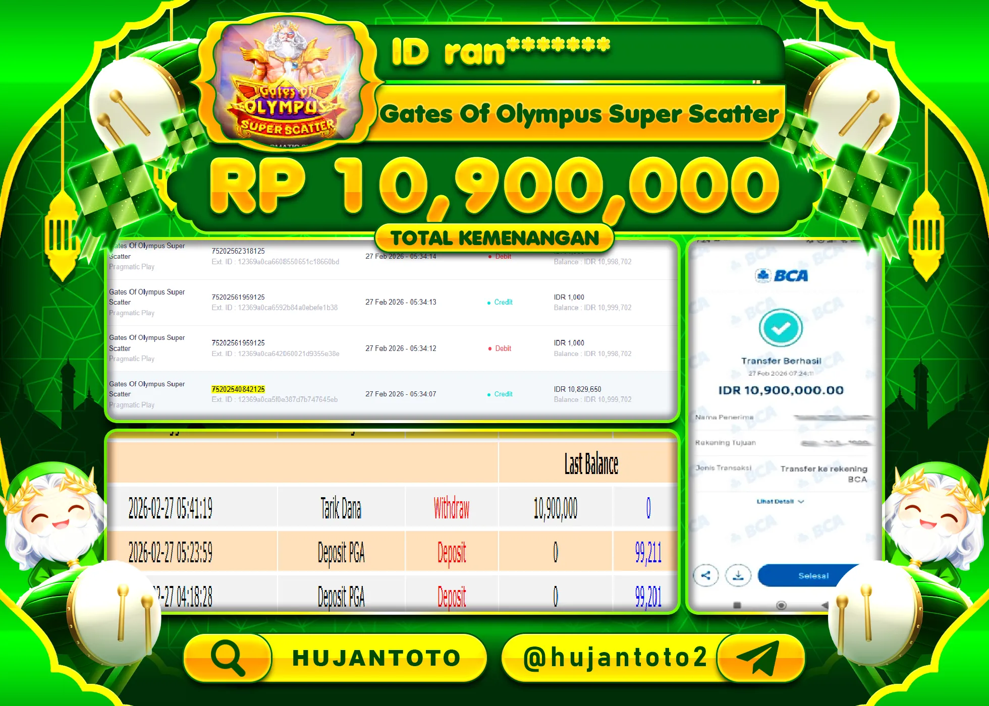 HUJANTOTO - BUKTI JACKPOT MENANG SLOT GATES OF OLYMPUS SUPER SCATTER Rp.10,900,000 - TERBAYAR LUNAS