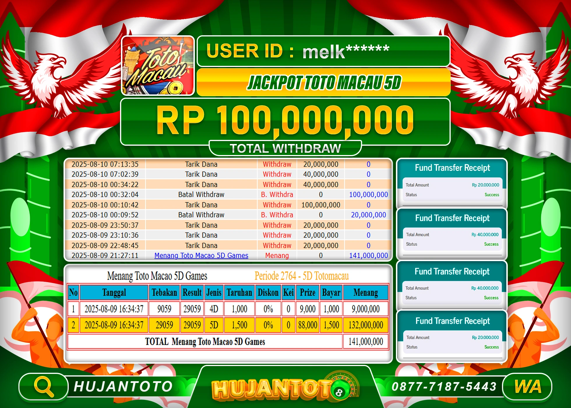 HUJANTOTO - BUKTI JACKPOT MENANG TOGEL TOTO MACAU 5D Rp.100,000,000 - TERBAYAR LUNAS