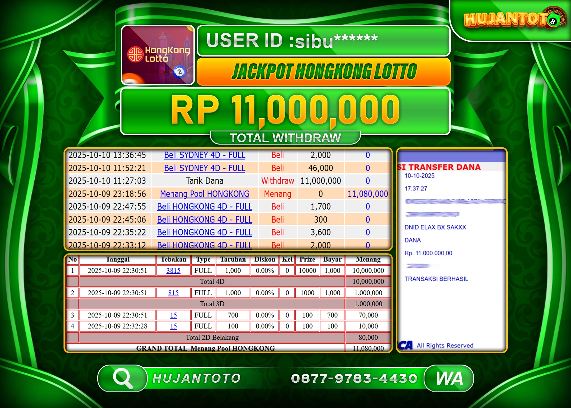 HUJANTOTO - BUKTI JACKPOT MENANG TOGEL HONGKONG LOTTO Rp.11,000,000 - TERBAYAR LUNAS