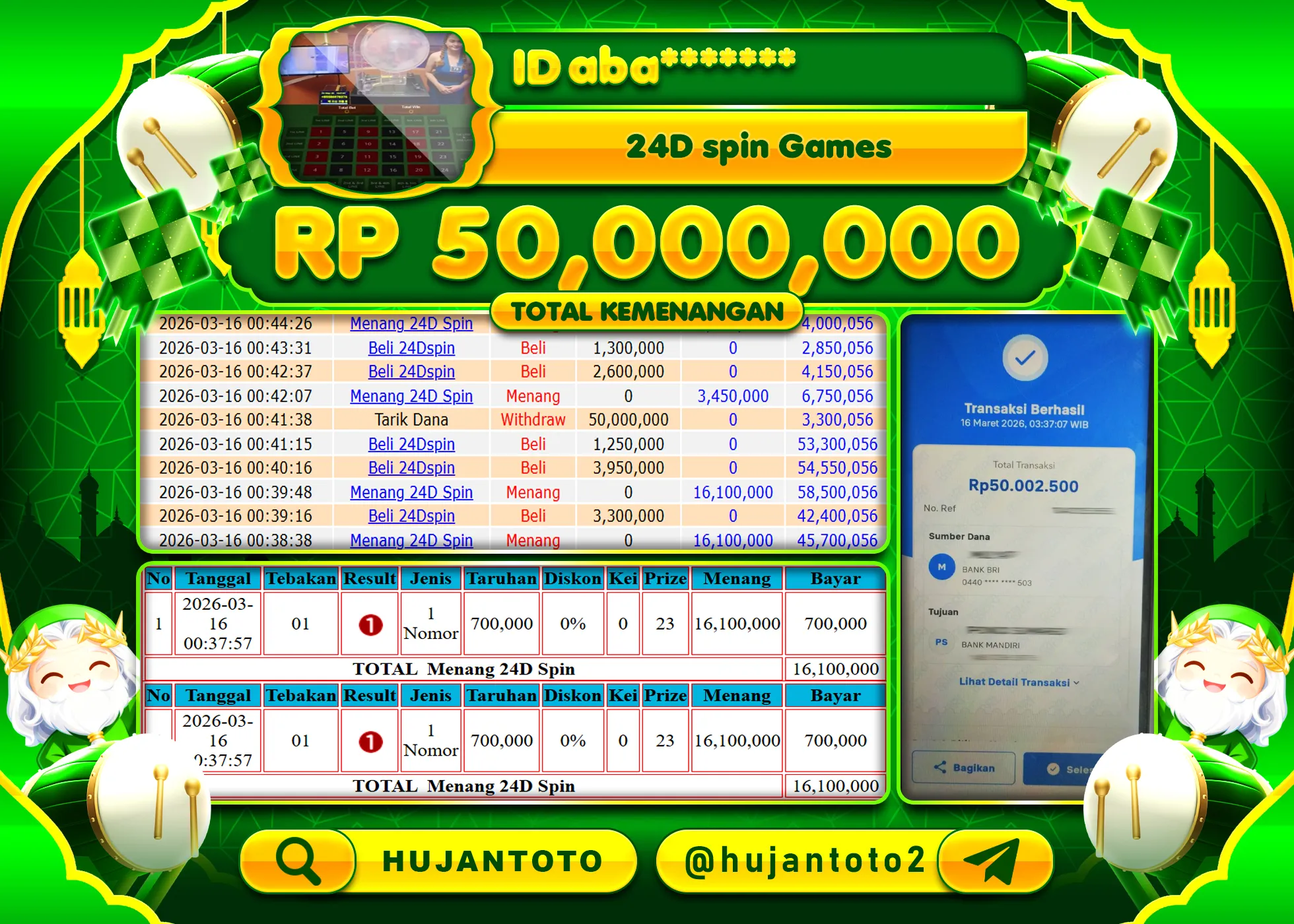 HUJANTOTO - BUKTI JACKPOT MENANG LIVEGAMES 24D SPIN GAMES Rp.50,000,000 - TERBAYAR LUNAS