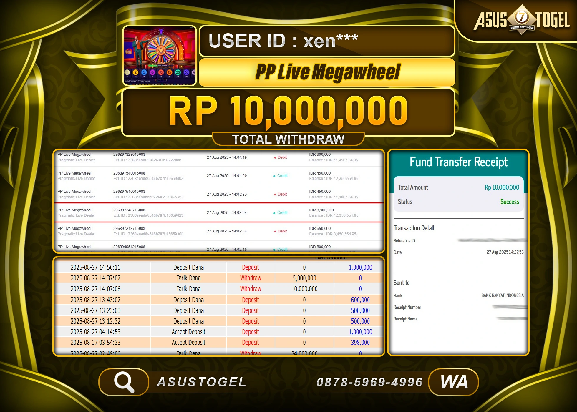 ASUSTOGEL KEMENANGAN DI LIVE GAMES PP MEGAWHEEL SEBESAR 10,000,000- RUPIAH LUNAS