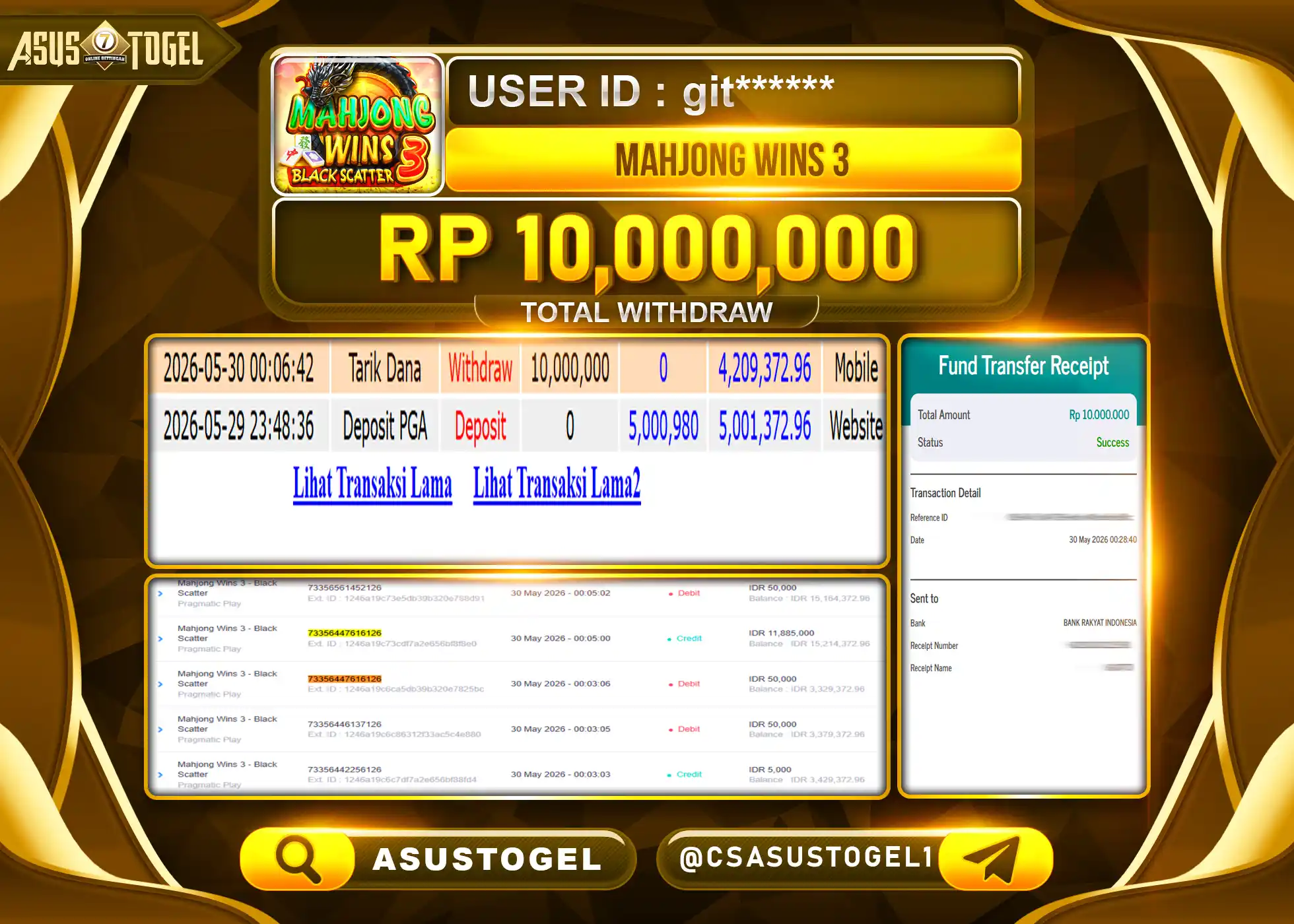 ASUSTOGEL KEMENANGAN JACKPOT PERMAINAN SLOT MAHJONG WINS 3 Rp.10,000,000 - RUPIAH LUNAS