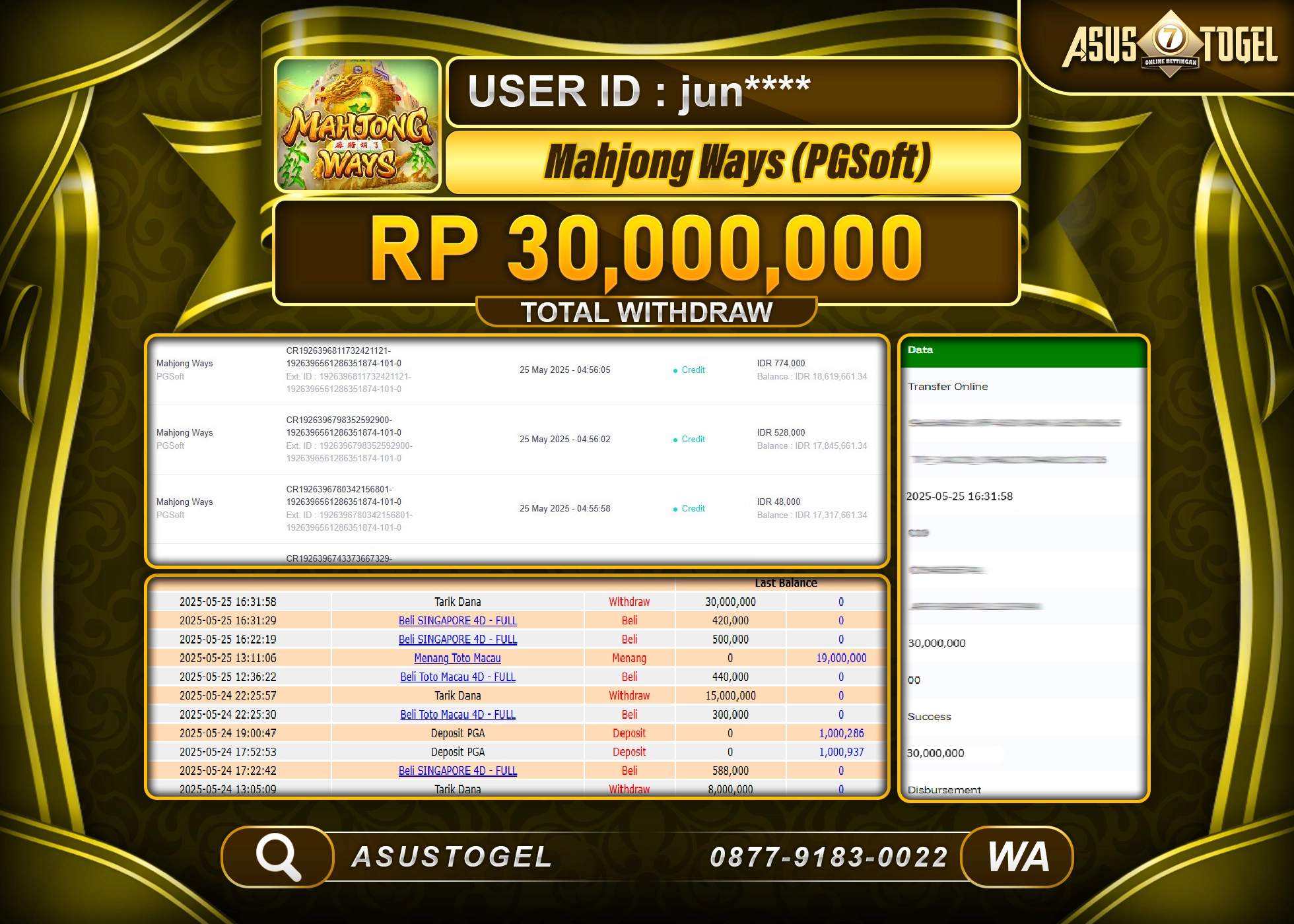  ASUSTOGEL KEMENANGAN DI SLOT MAHJONG WAYS SEBESAR 30,000,000- RUPIAH LUNAS