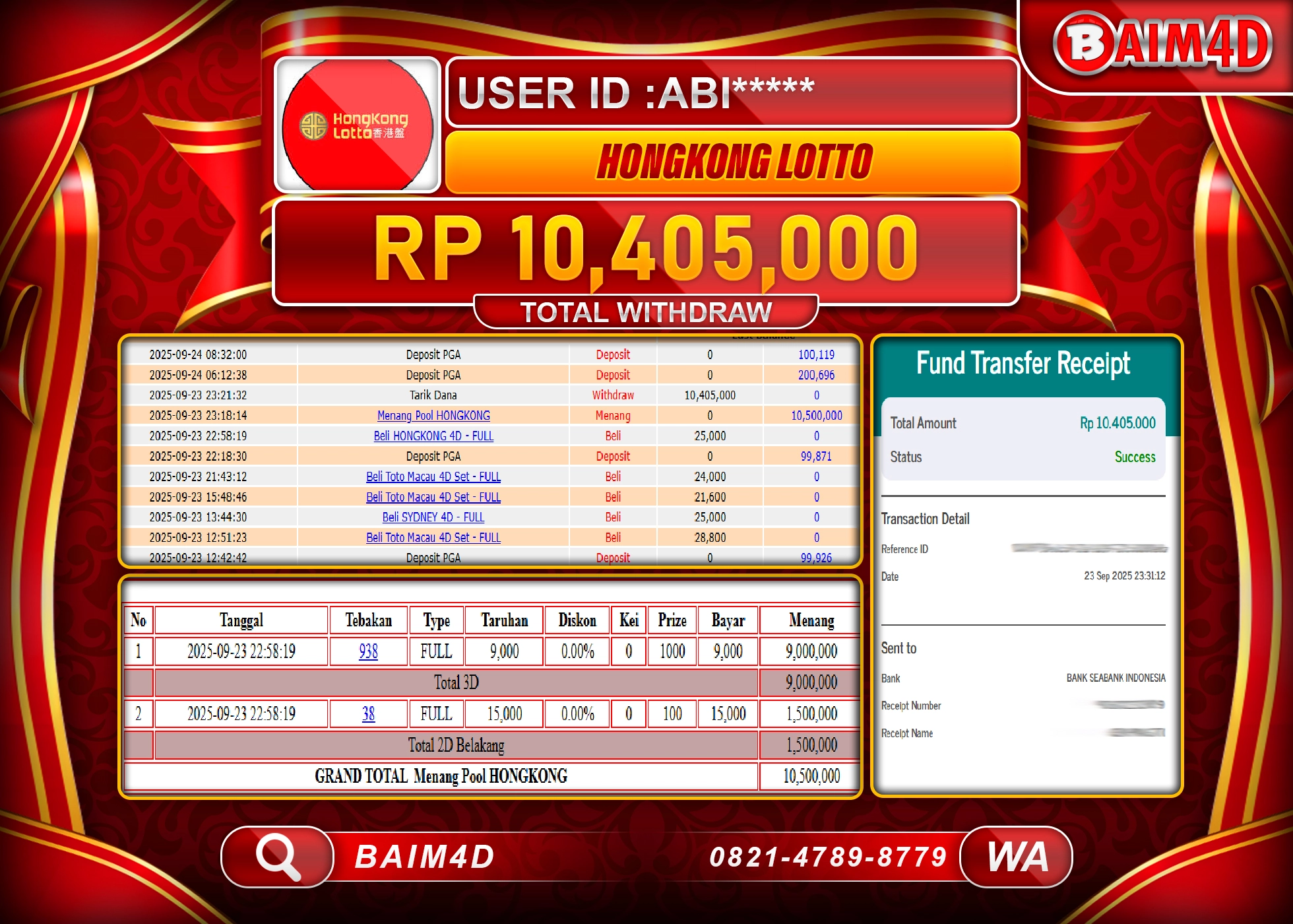 BAIM4D JACKPOT TOGEL HONGKONG LOTTO Rp.10,405,000.- LUNAS