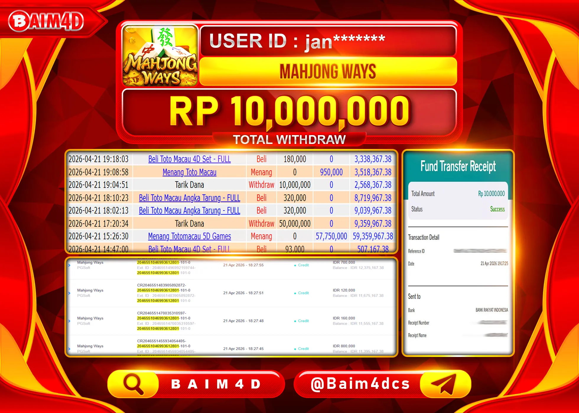 BAIM4D JACKPOT MAHJONG WAYS PG SOFT Rp.10,000,000 - LUNAS