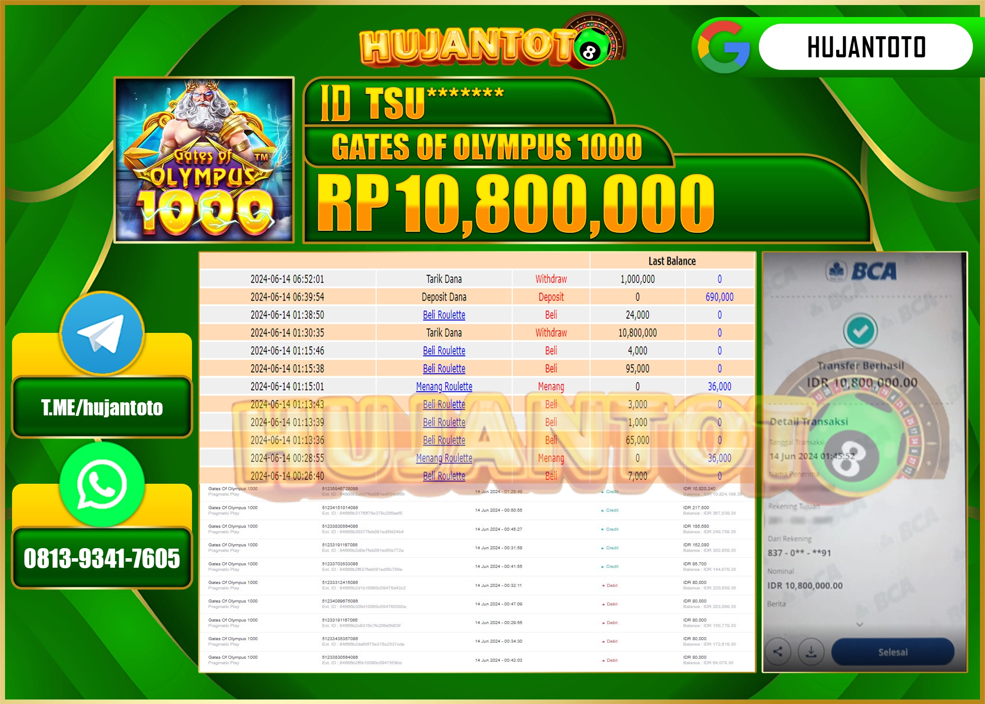 HUJANTOTO MENANG DI GATES OF OLYMPUS 1000 10.800.000 - LUNAS 