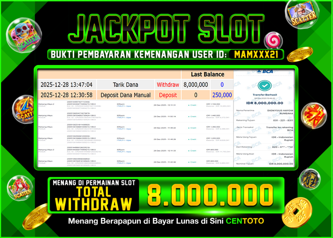BUKTI JACKPOT SLOT CENTOTO  RP.8.000.000,-LUNAS
