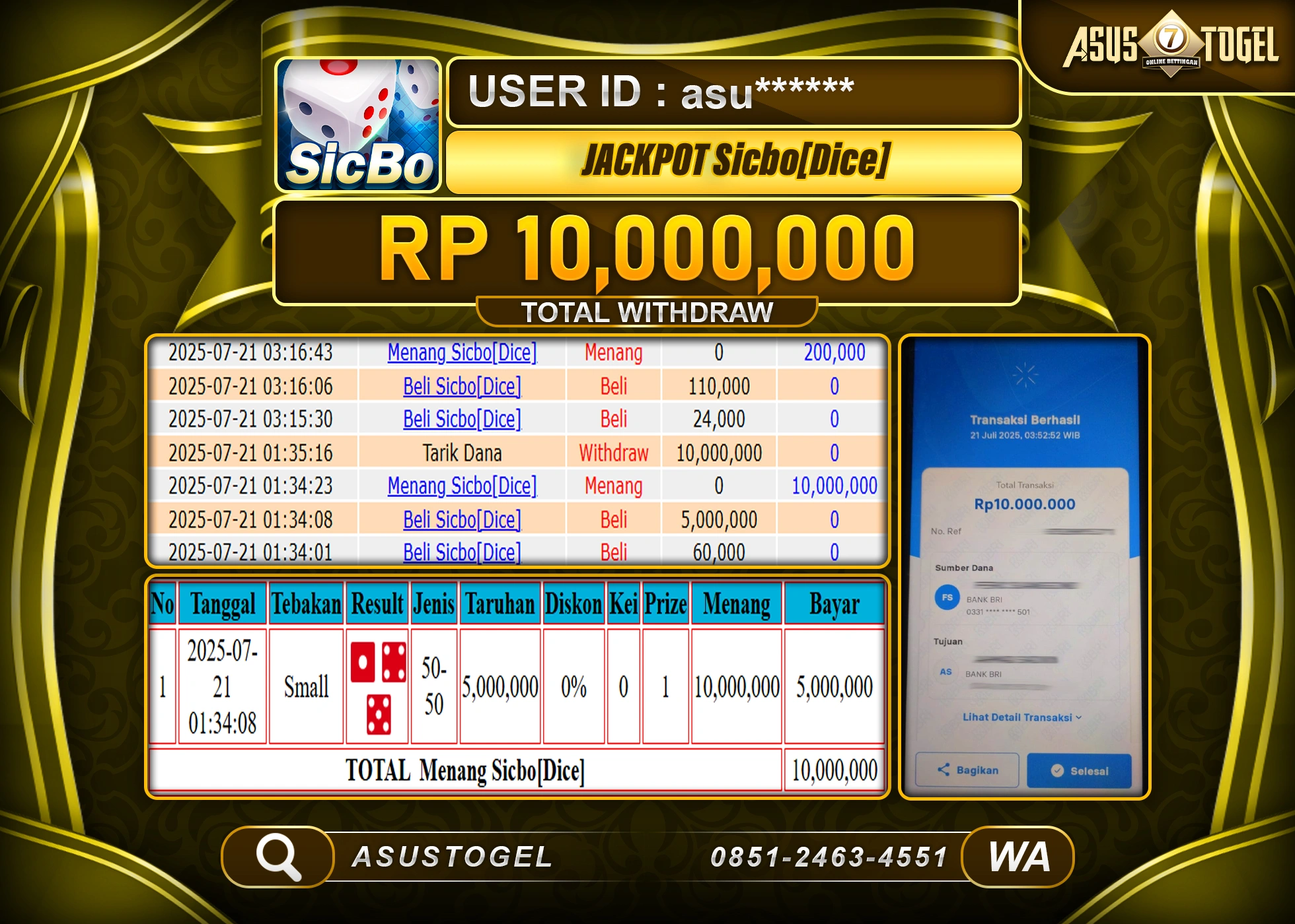 ASUSTOGEL KEMENANGAN DI LIVEGAMES SICBO GAMES SEBESAR 10,000,000- RUPIAH LUNAS