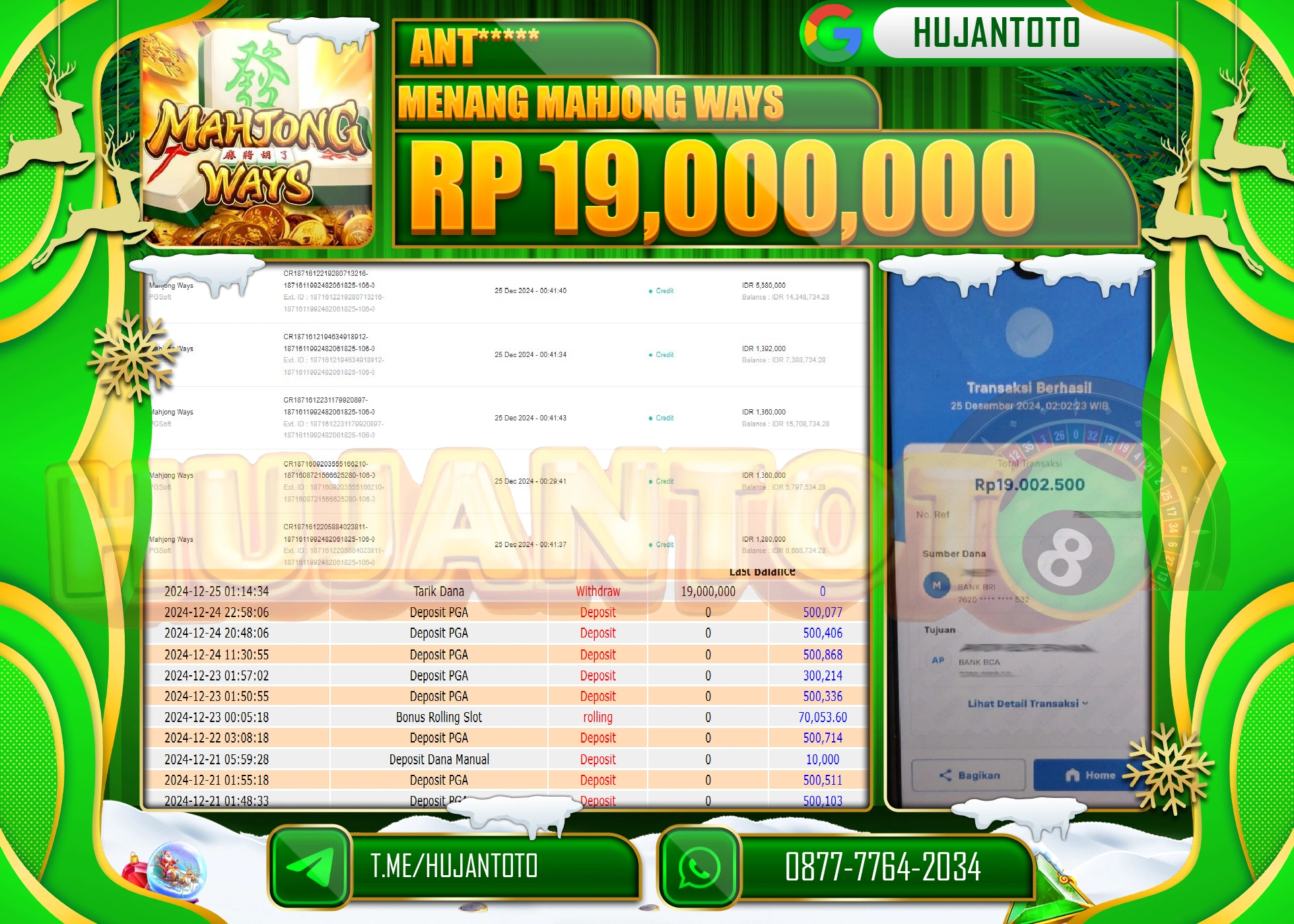 HUJANTOTO SELAMAT ATAS KEMENANGAN YANG DI RAIH DI PERMAINAN  MAHJONG WAYS 2  SEBESAR - 19,000,000 - TERBAYAR LUNAS