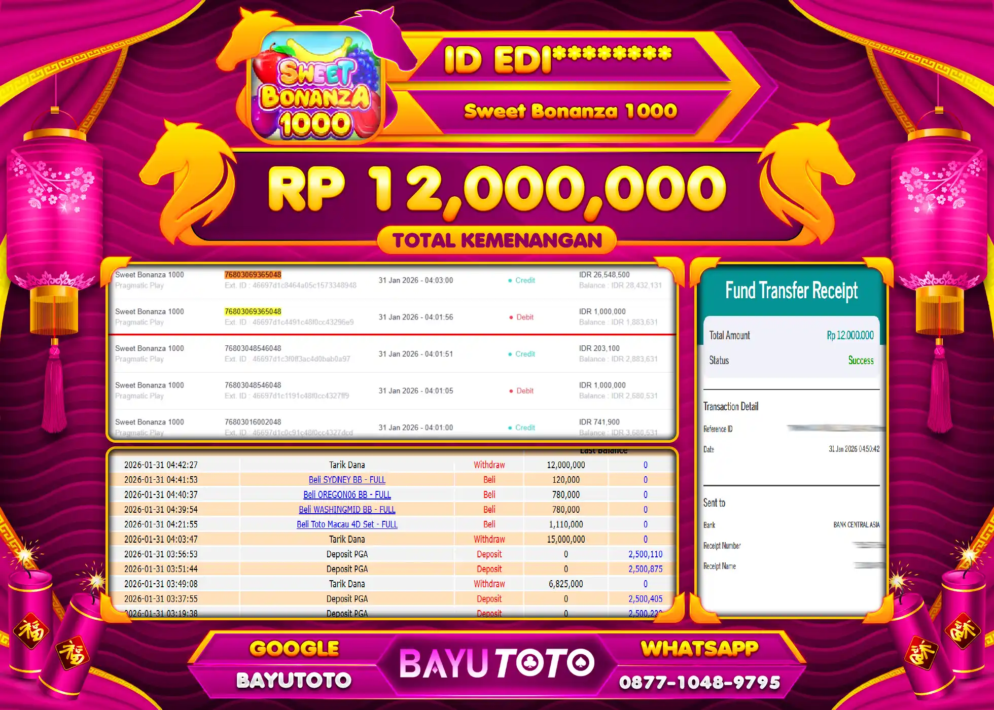 SELAMAT KEPADA MEMBER SETIA BAYUTOTO JACKPOT GAME SWEET BONANZA 1000 Rp. 12,000,000 LUNAS