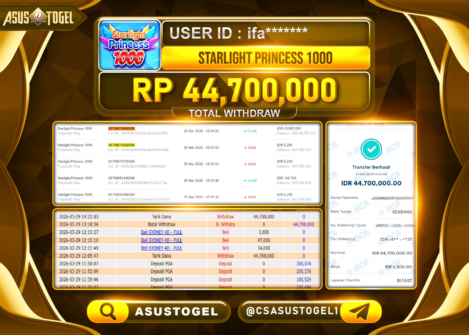 ASUSTOGEL KEMENANGAN JACKPOT DI STARLIGHT PRINCES 1000 PRAGMATIC  Rp.44,700,000 - RUPIAH LUNAS