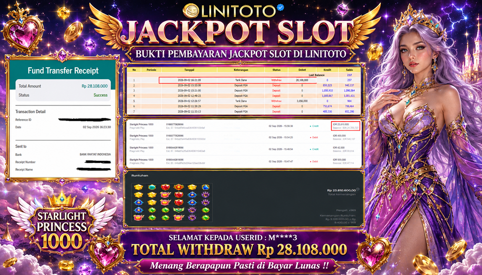 LINITOTO JACKPOT SLOT Starlight Princess 1000 Rp.28,108,000- LUNAS