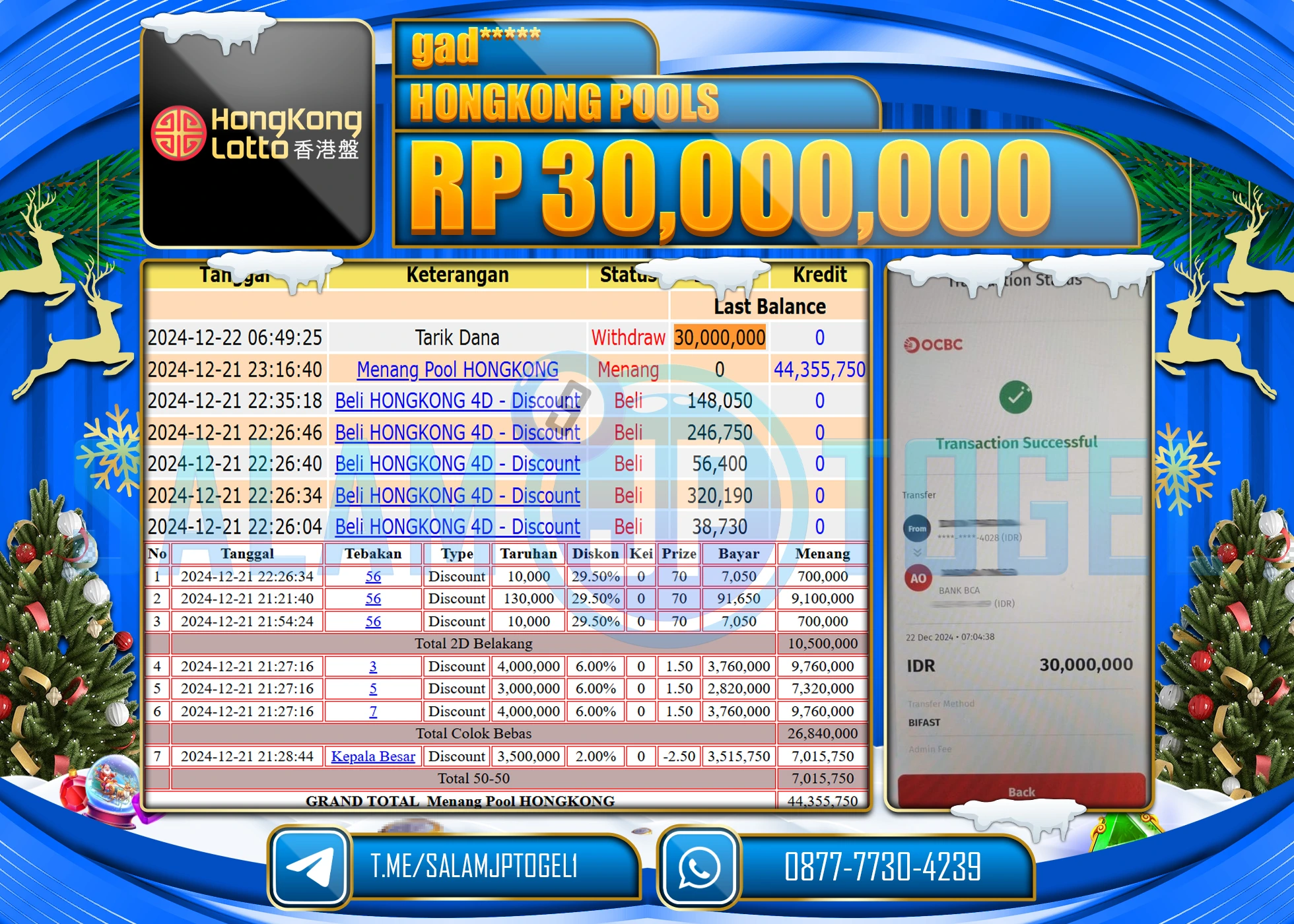 SALAMJPTOGEL MENANG TOGEL HONGKONG LOTTO Rp.30,000,000 LUNAS