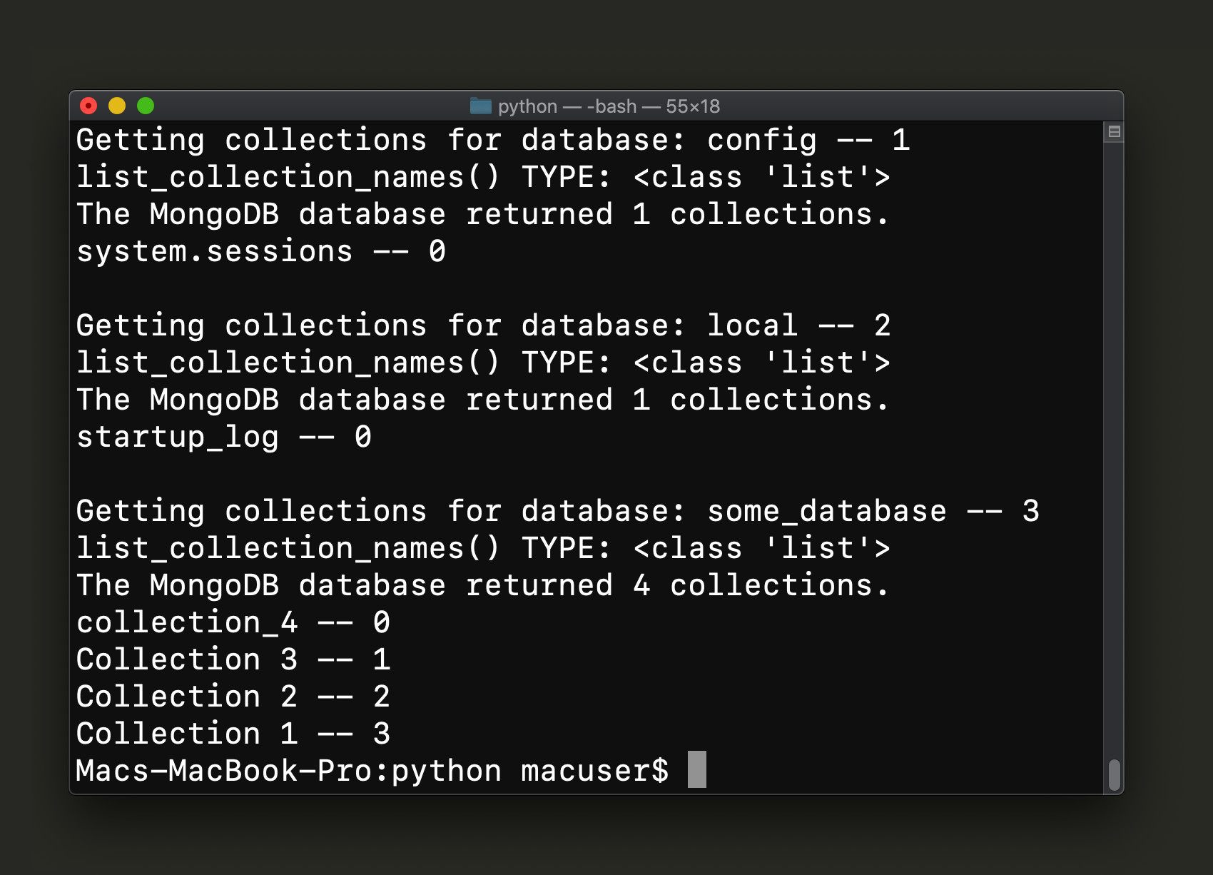 Screenshot of a Python script running in a terminal window to get MongoDB database and collection names
