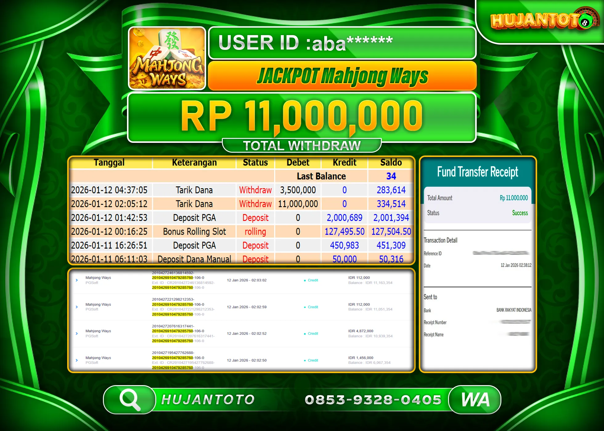 HUJANTOTO - BUKTI JACKPOT MENANG SLOT MAHJONG WAYS PG SOFT Rp.11,000,000 - TERBAYAR LUNAS