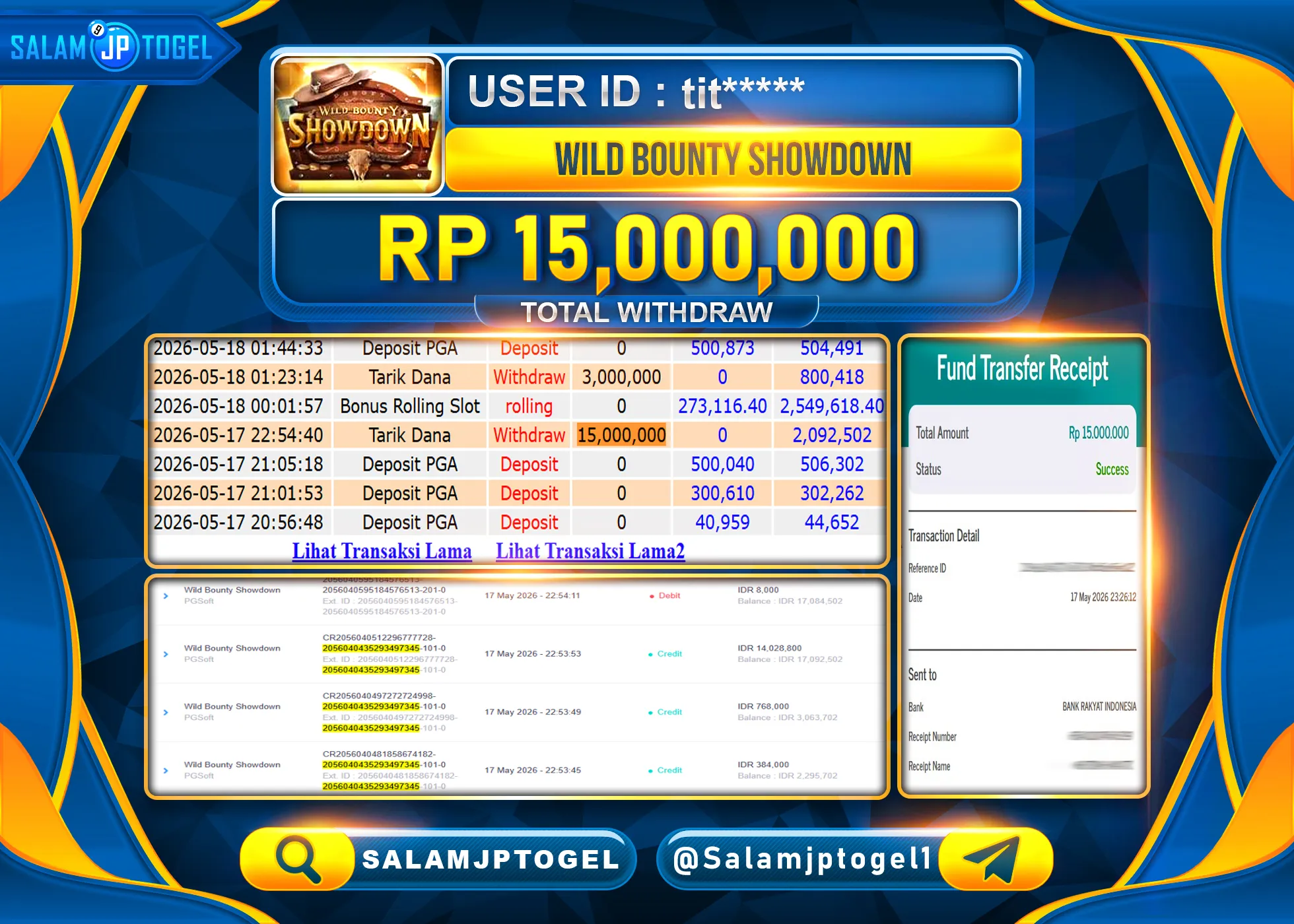 SALAMJPTOGEL Menang Wild Bounty Showdown PGshoft  Rp.15,000,000 - LUNAS