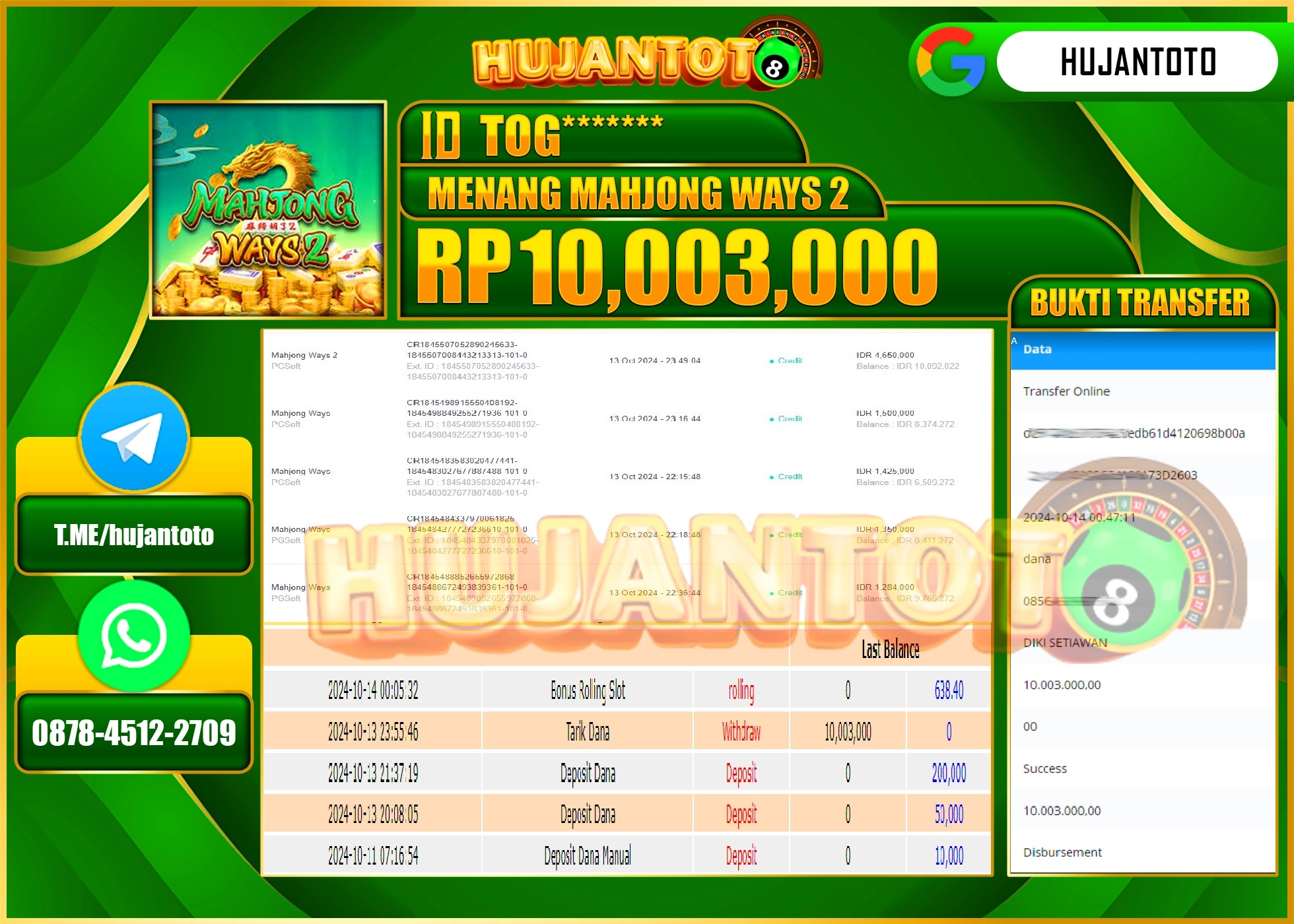 HUJANTOTO MENANG DI SLOT MAHJONG WAYS 2 - 10,003,000- LUNAS 