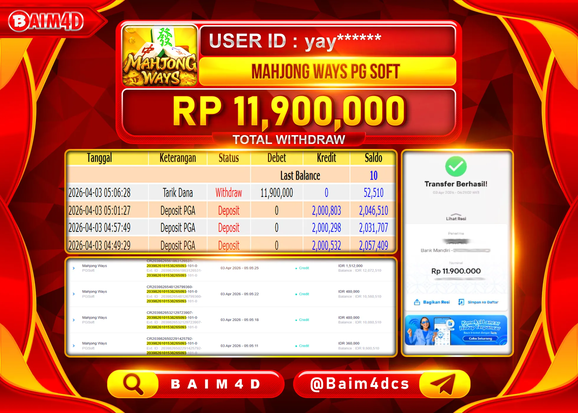 BAIM4D JACKPOT MAHJONG WAYS PG SOFT Rp.11,900,000 - LUNAS