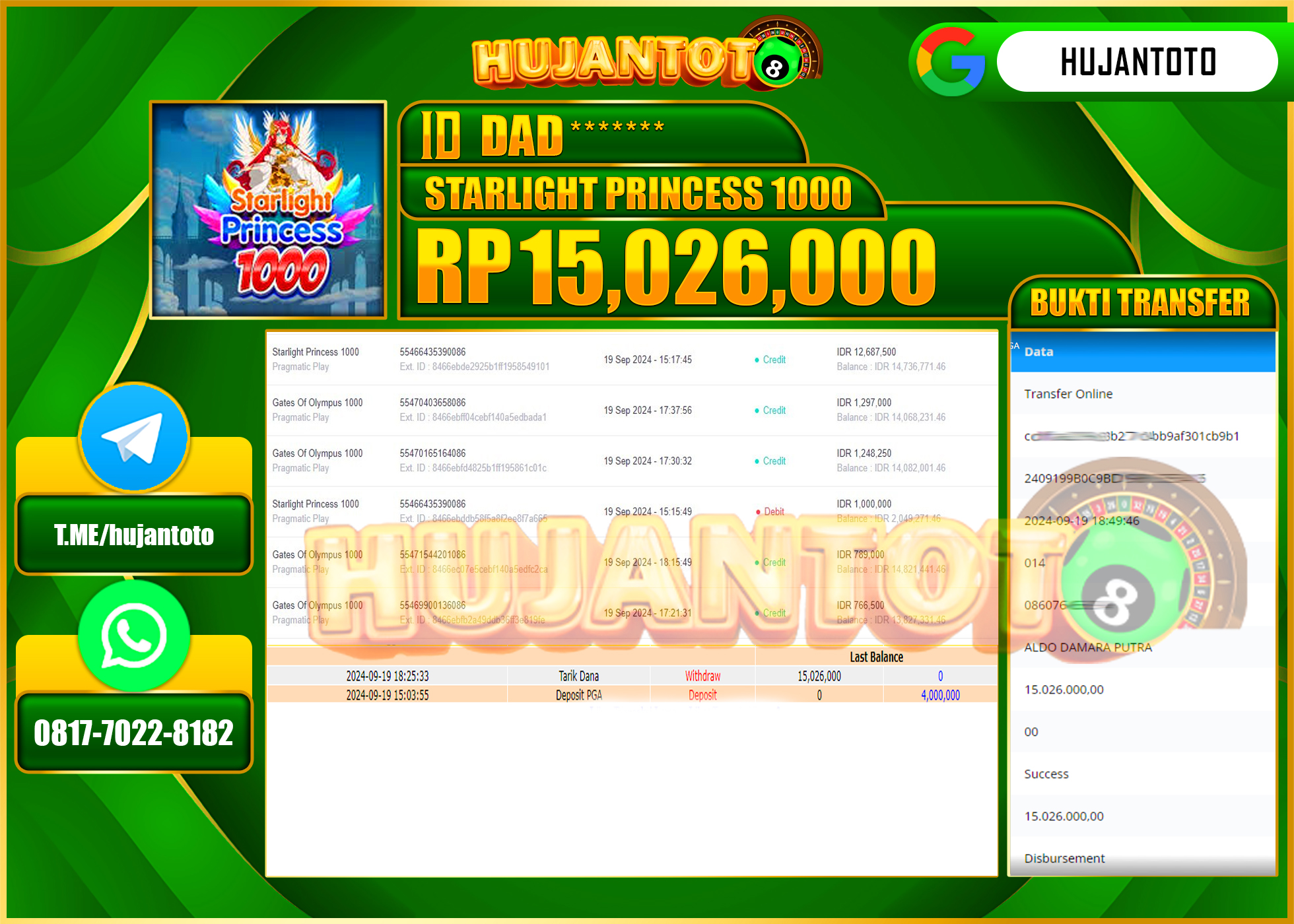 HUJANTOTO MENANG BESAR DI PERMAINAN SLOT STARLIGHT PRINCESS 1000 , 15,026,000 - LUNAS 