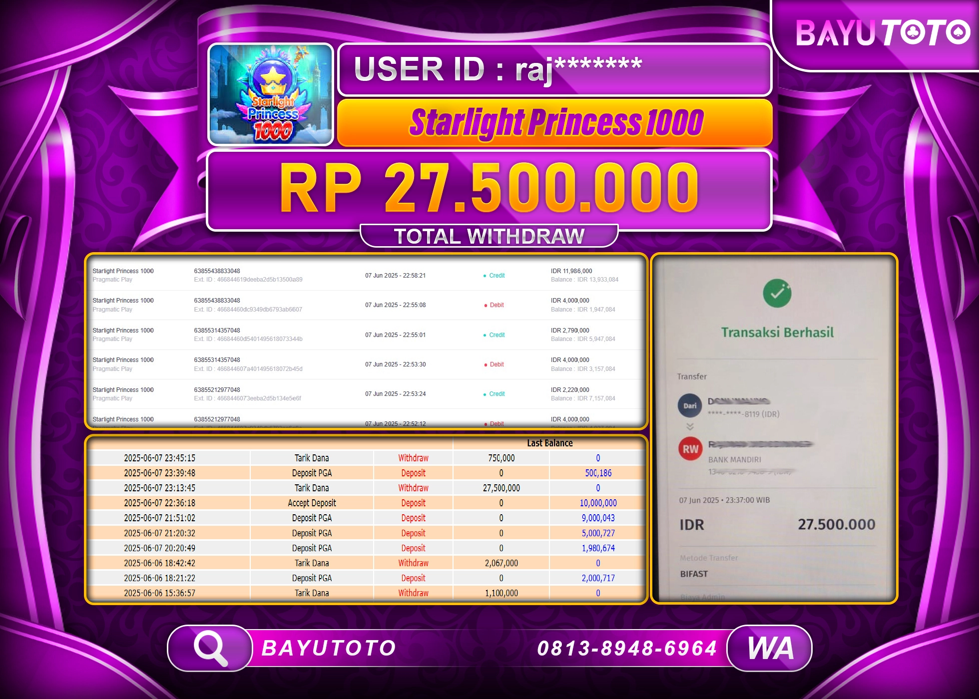 BAYUTOTO JACKPOT DI SLOT STARLIGHT PRINCES 1000 Rp.27,500,000 LUNAS