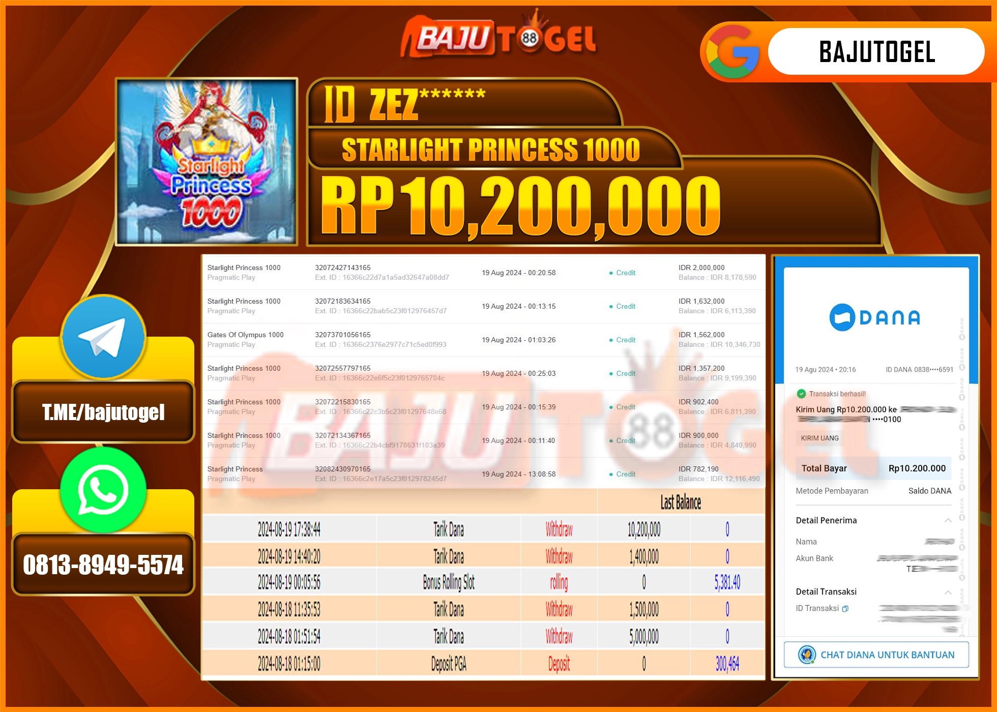 BAJUTOGEL JACKPOT SLOT STARLIGHT PRINCESS 1000 Rp.10.200.000 LUNAS
