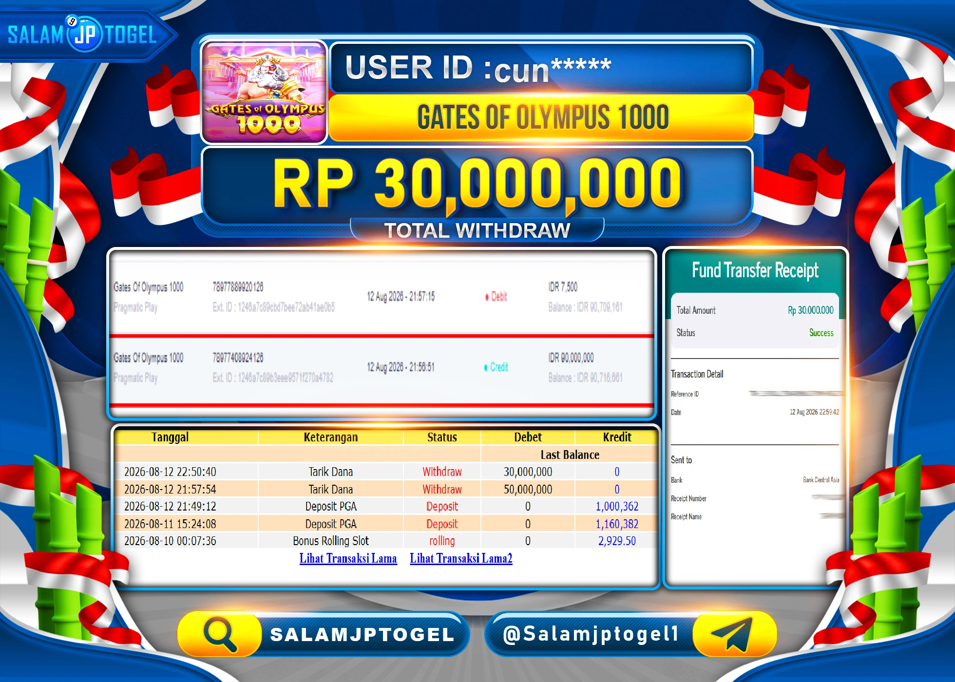 SALAMJPTOGEL JACKPOT MENANG SLOT GATES OF OLYMPUS 1000 Rp.30,000,000 - LUNAS