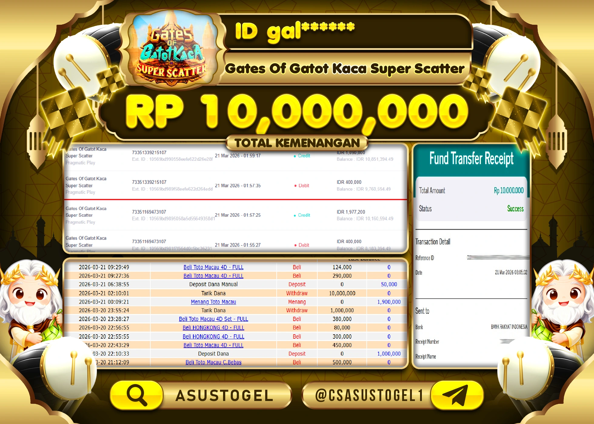 ASUSTOGEL KEMENANGAN DI SLOT GATES OF GATOT KACA SUPER SCATTER Rp.10,000,000 - RUPIAH LUNAS