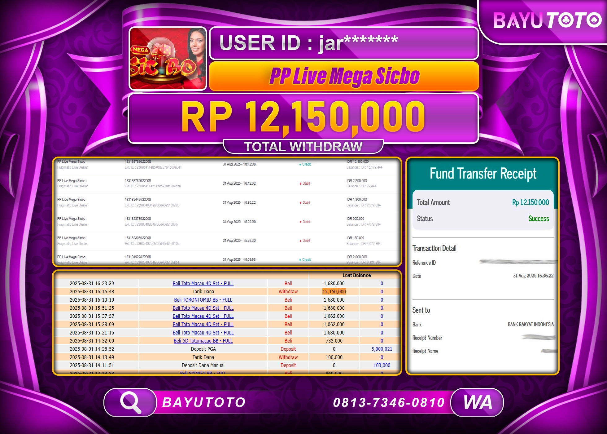 BAYUTOTO JACKPOT  DI GAME PP LIVE MEGA SICBO  Rp.12.150.000 LUNAS
