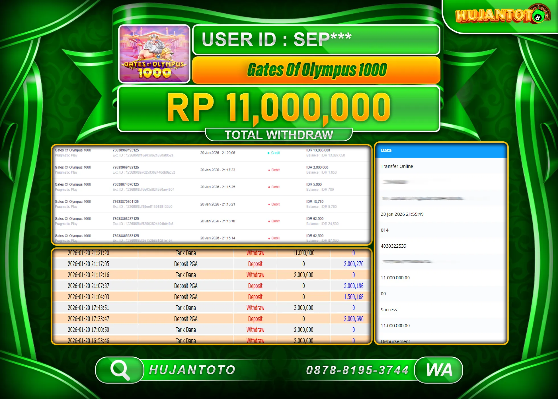 HUJANTOTO - BUKTI JACKPOT MENANG SLOT GATES OF OLYMPUS 1000 Rp.11,000,000 - TERBAYAR LUNAS