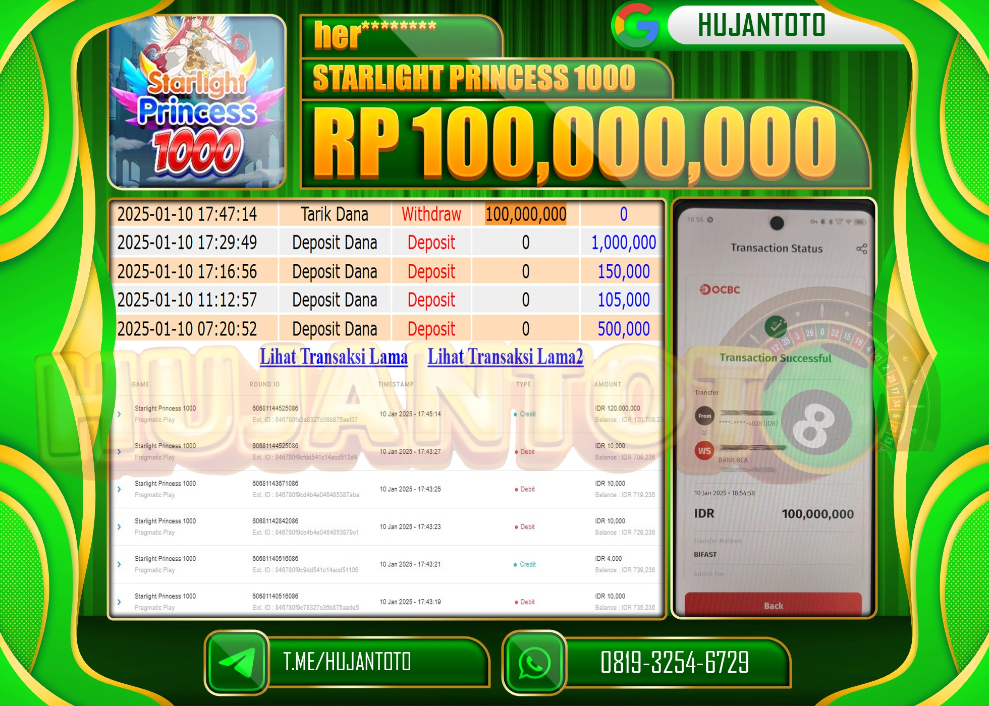 HUJANTOTO - BUKTI JACKPOT DI PERMAINAN SLOT STARLIGHT PRINCESS 1000, Rp. 100,000,000, - TERBAYAR LUNAS