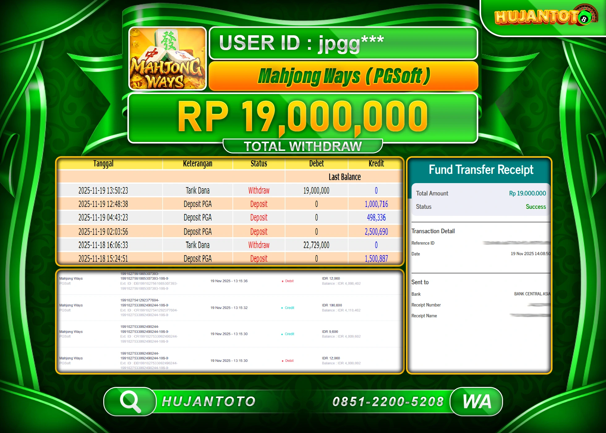 HUJANTOTO - BUKTI JACKPOT MENANG SLOT MAHJONG WAYS Rp.19,000,000 - TERBAYAR LUNAS