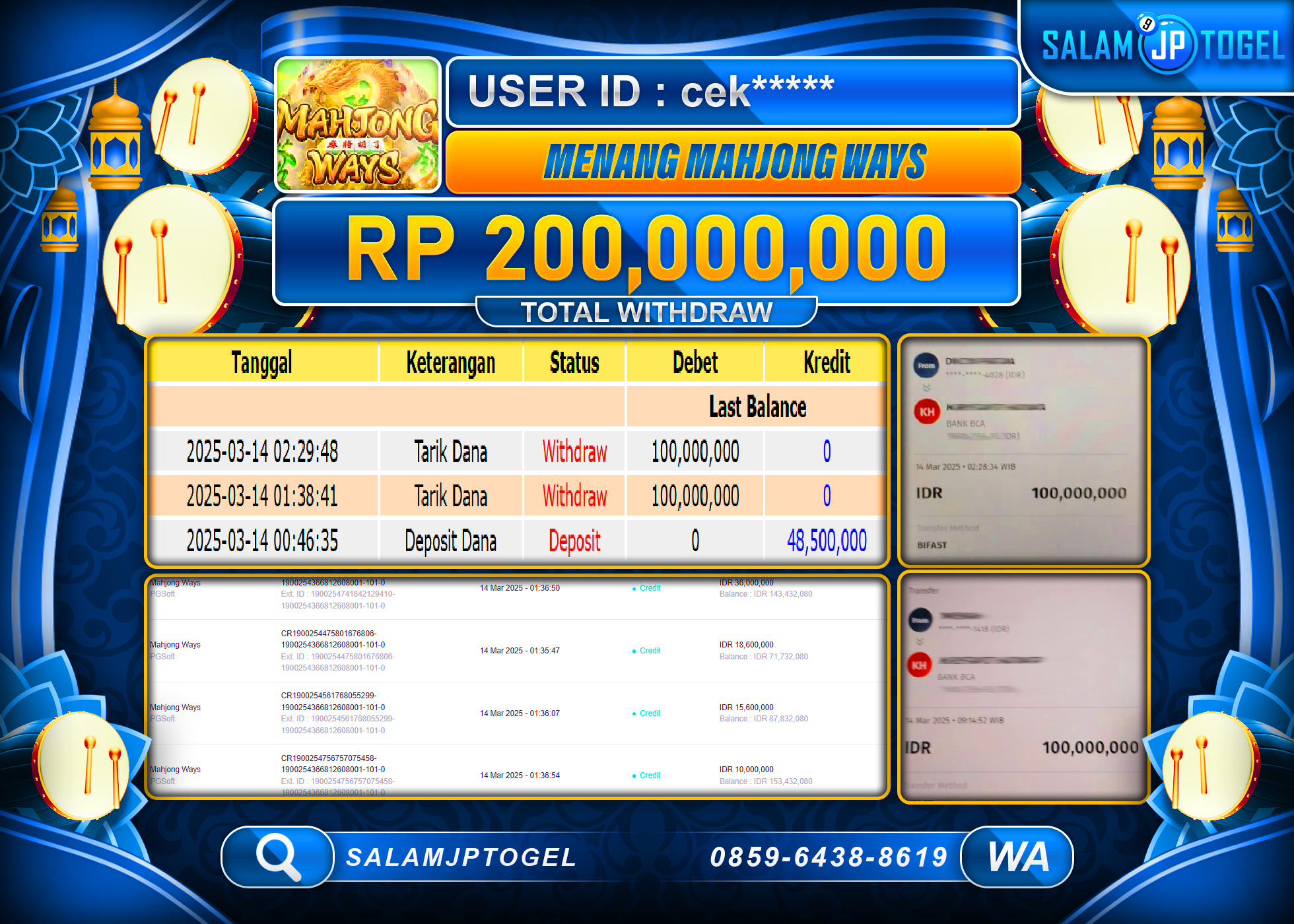SALAMJPTOGEL MENANG MAHJONG WAYS Rp. 200,000,000 LUNAS