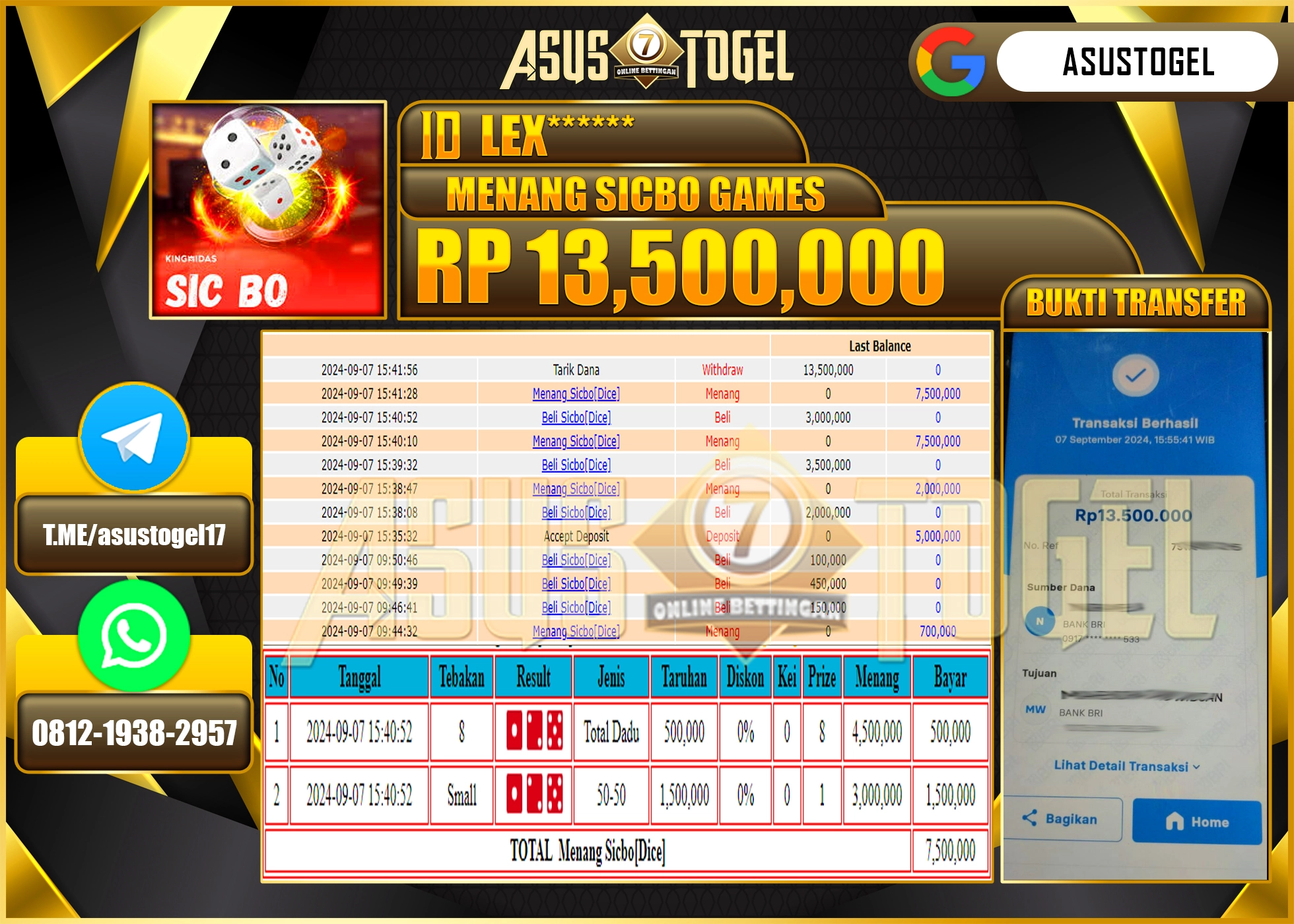 ASUSTOGEL KEMENANGAN DI LIVEGAME SICBO GAMES SEBESAR  13,500,000- RUPIAH LUNAS