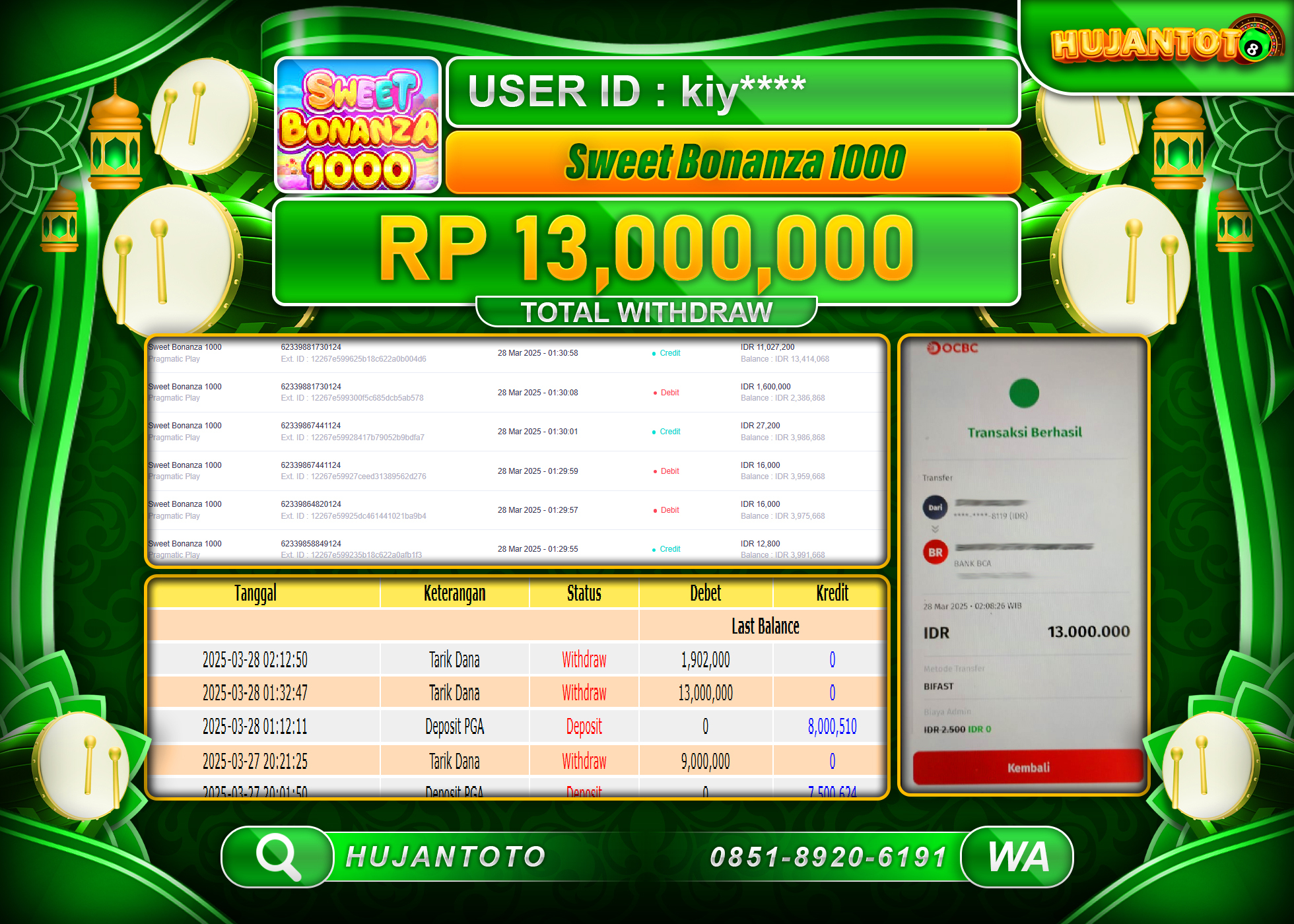 HUJANTOTO - BUKTI JACKPOT MENANG SWEET BONANZA 1000 Rp,13,000,000- TERBAYAR LUNAS