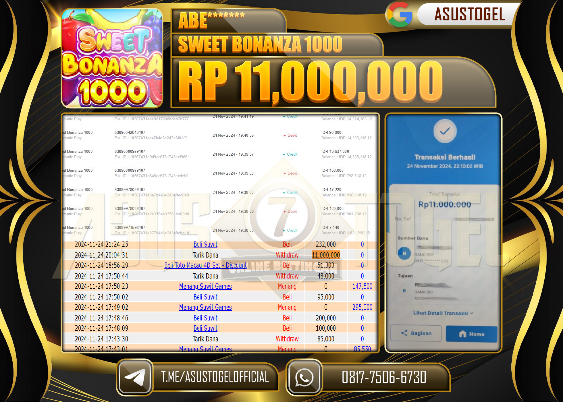 ASUSTOGEL KEMENANGAN DI SLOT SWEET BONANZA 1000 SEBESAR  11,000,000 - RUPIAH LUNAS