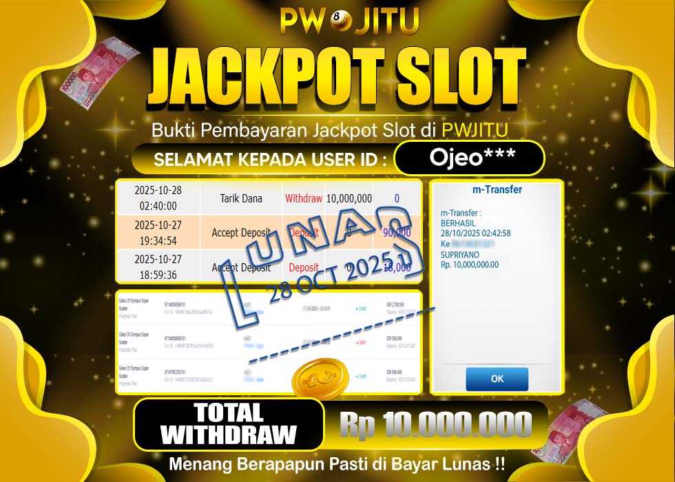 PWJITU JACKPOT SLOT GATES OF OLYMPUS SUPER SCATTER Rp.10.000.000,- LUNAS