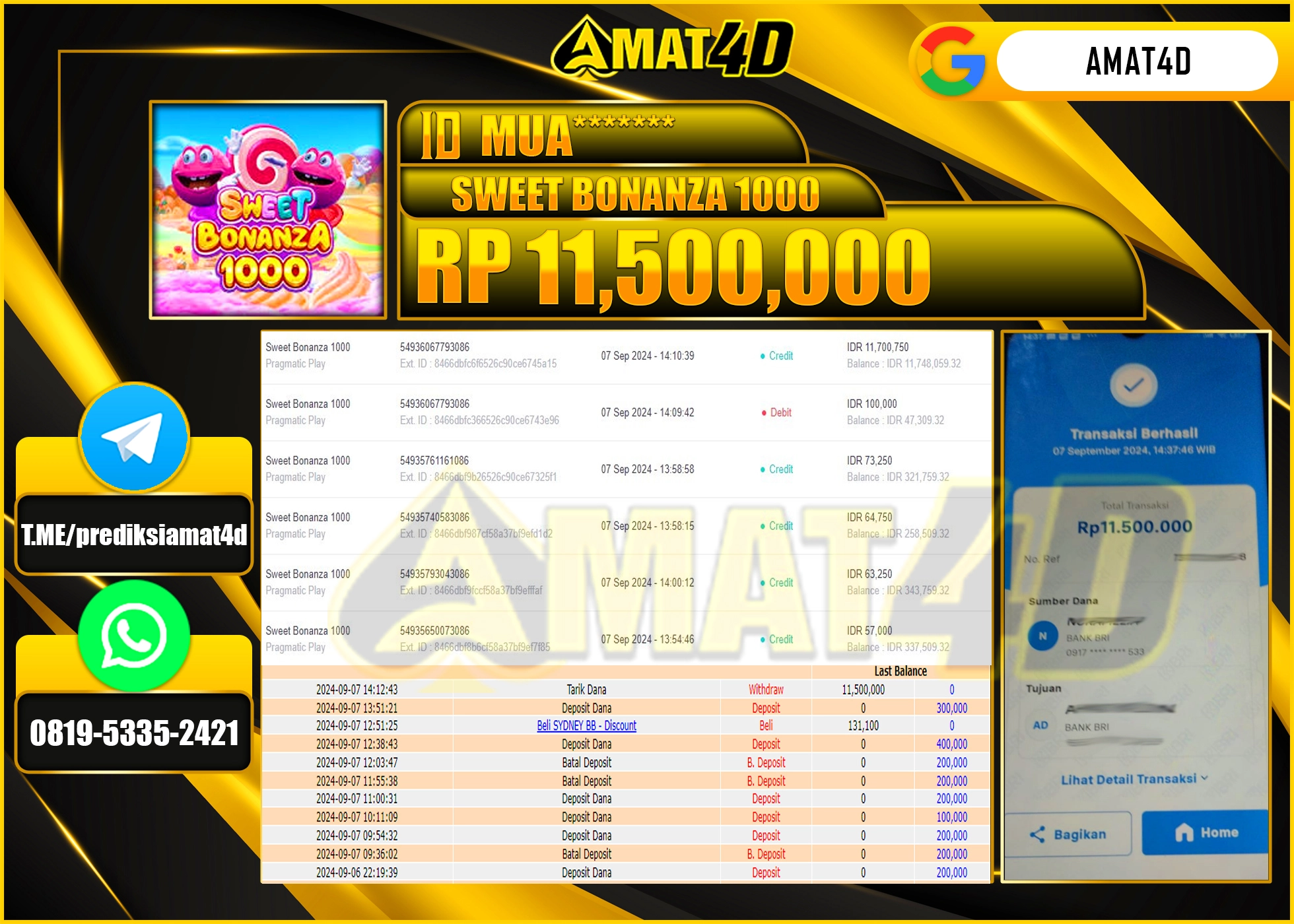 AMAT4D JACKPOT SLOT SWEET BONANZA 1000 Rp.11.500.000 BERHASIL DI BAYAR LUNAS