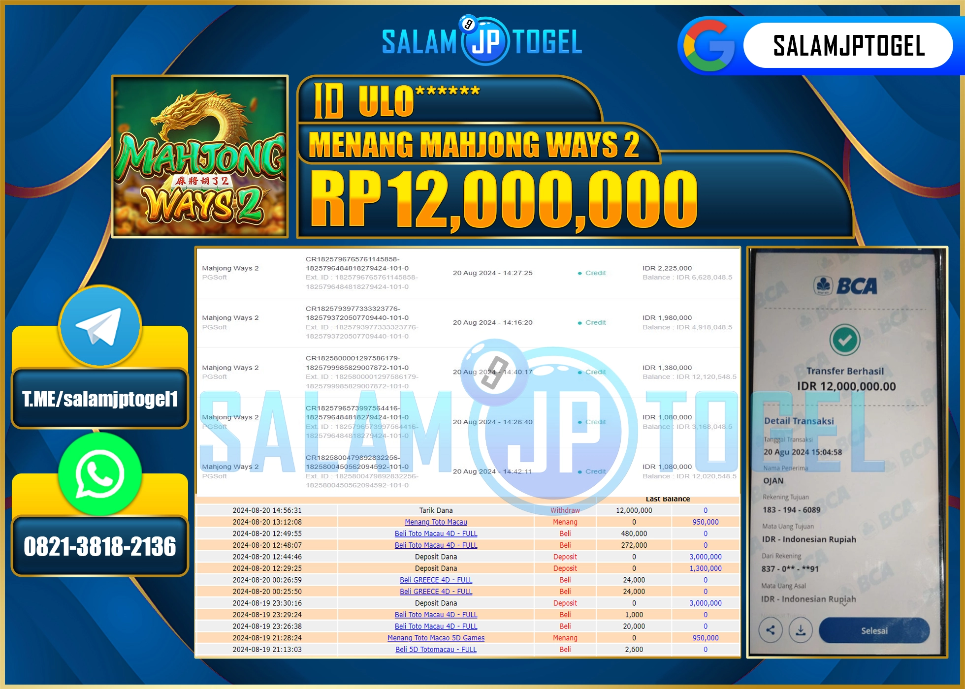 SALAMJPTOGEL MENANG SLOT MAHJONG WAYS 2 RP. 12,000,000 LUNAS