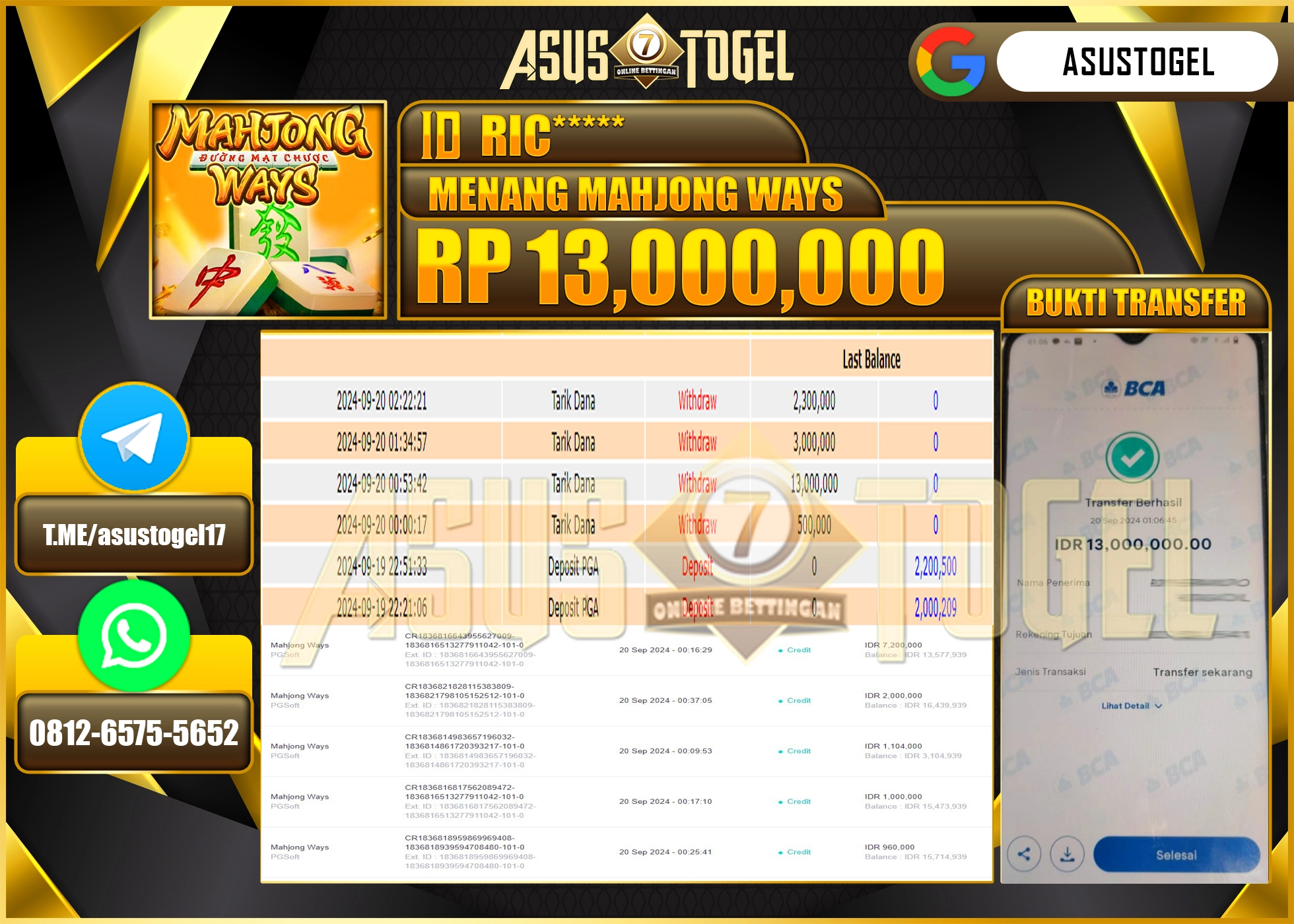 ASUSTOGEL KEMENANGAN DI GAMES MAHJONG WAYS SEBESAR  13,000,000- RUPIAH LUNAS