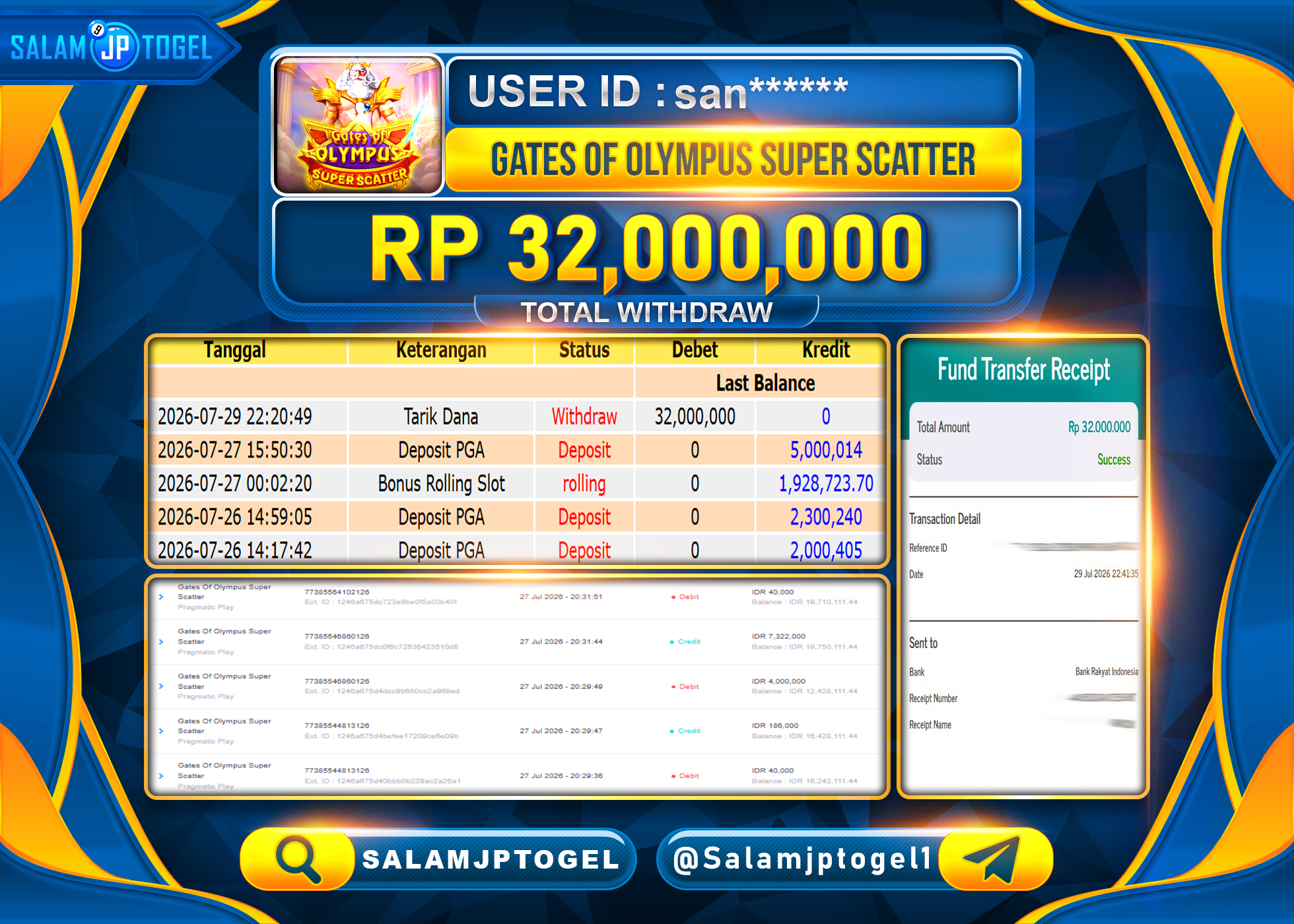 SALAMJPTOGEL JACKPOT MENANG SLOT Gates Of Olympus Super Scatter Rp.32,000,000 - LUNAS