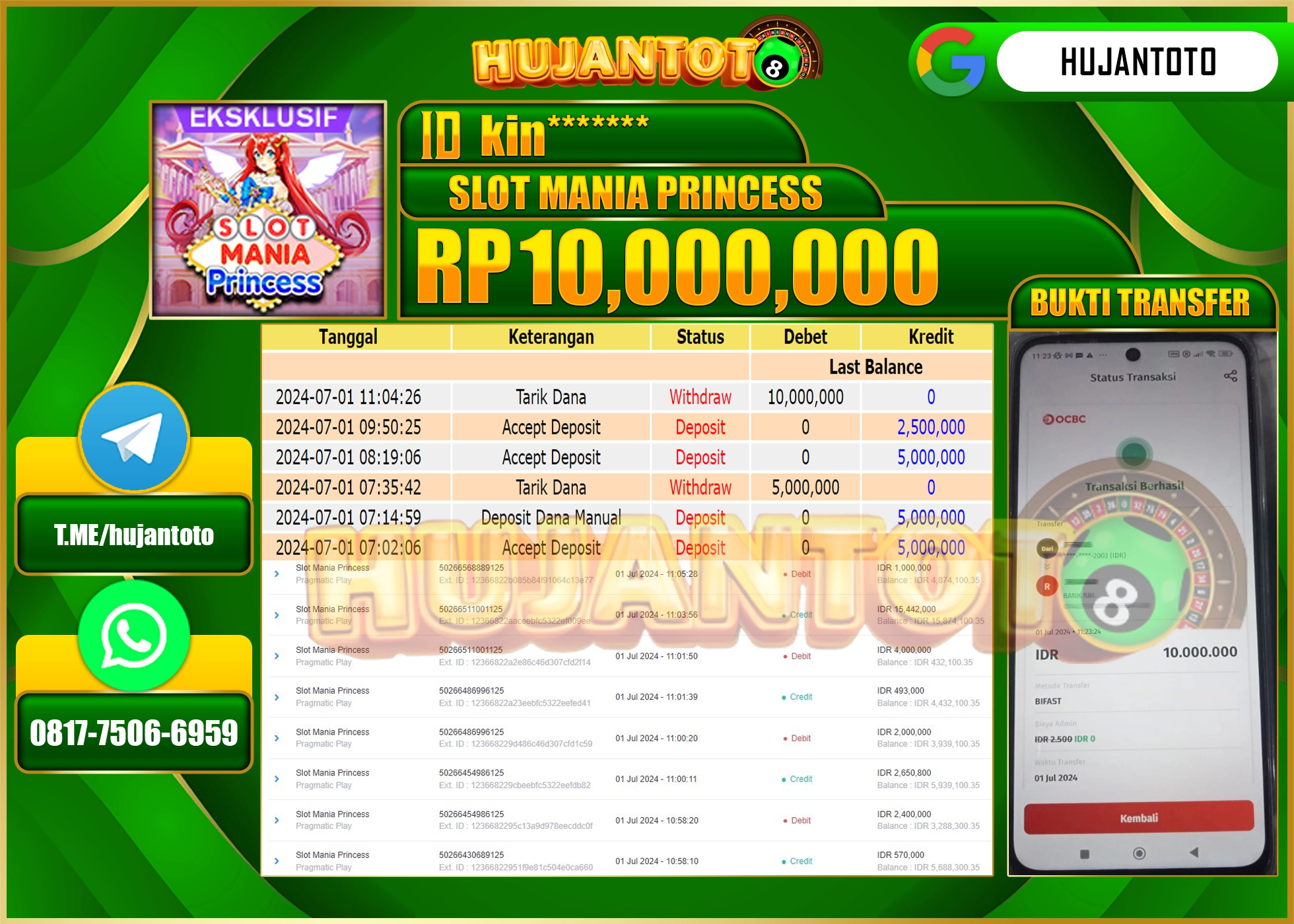 HUJANTOTO MENANG SLOT MANIA PRINCESS 10,000,000 - LUNAS 