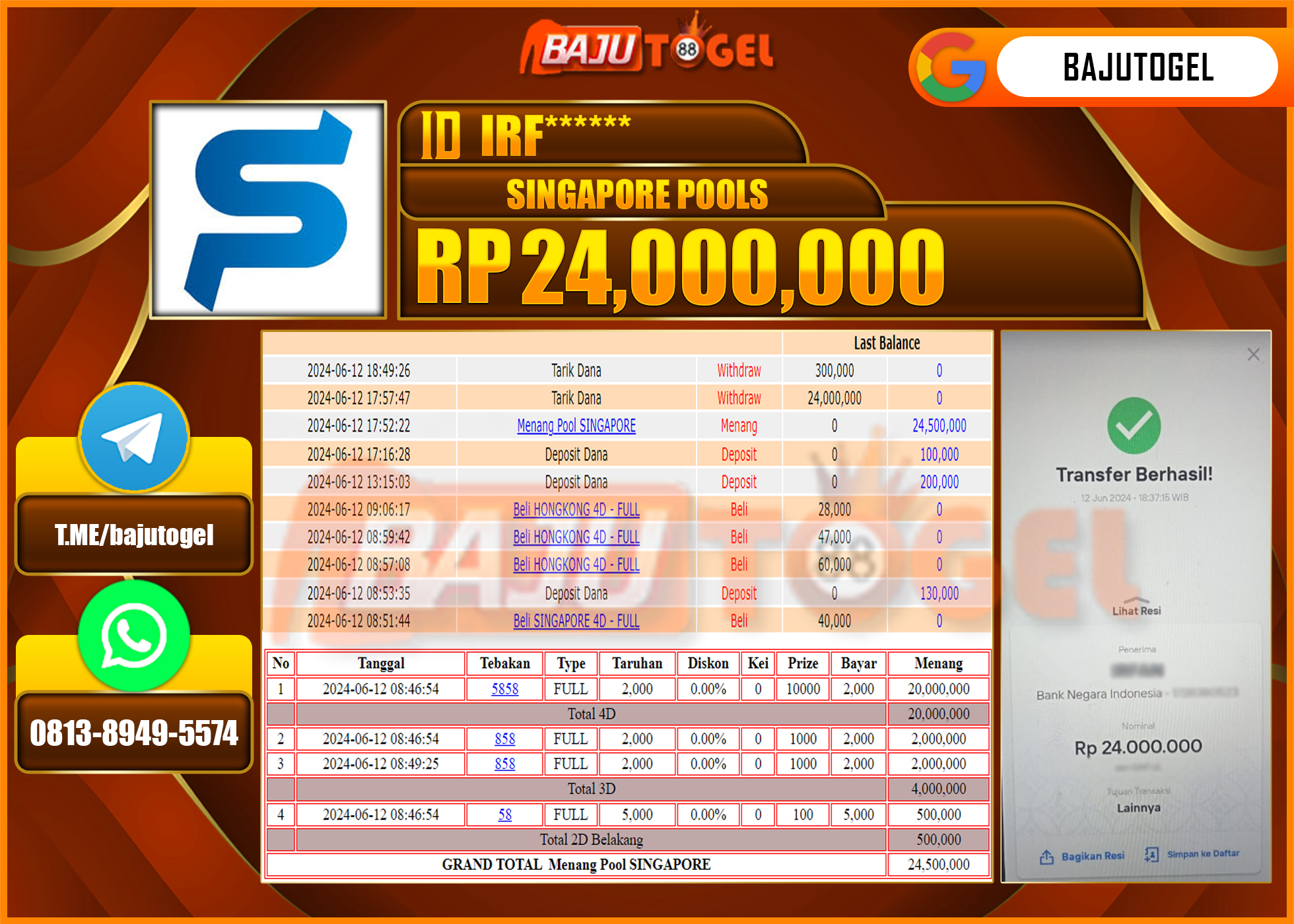 BAJUTOGEL MENANG SINGAPORE POOLS Rp.24.000.000 LUNAS