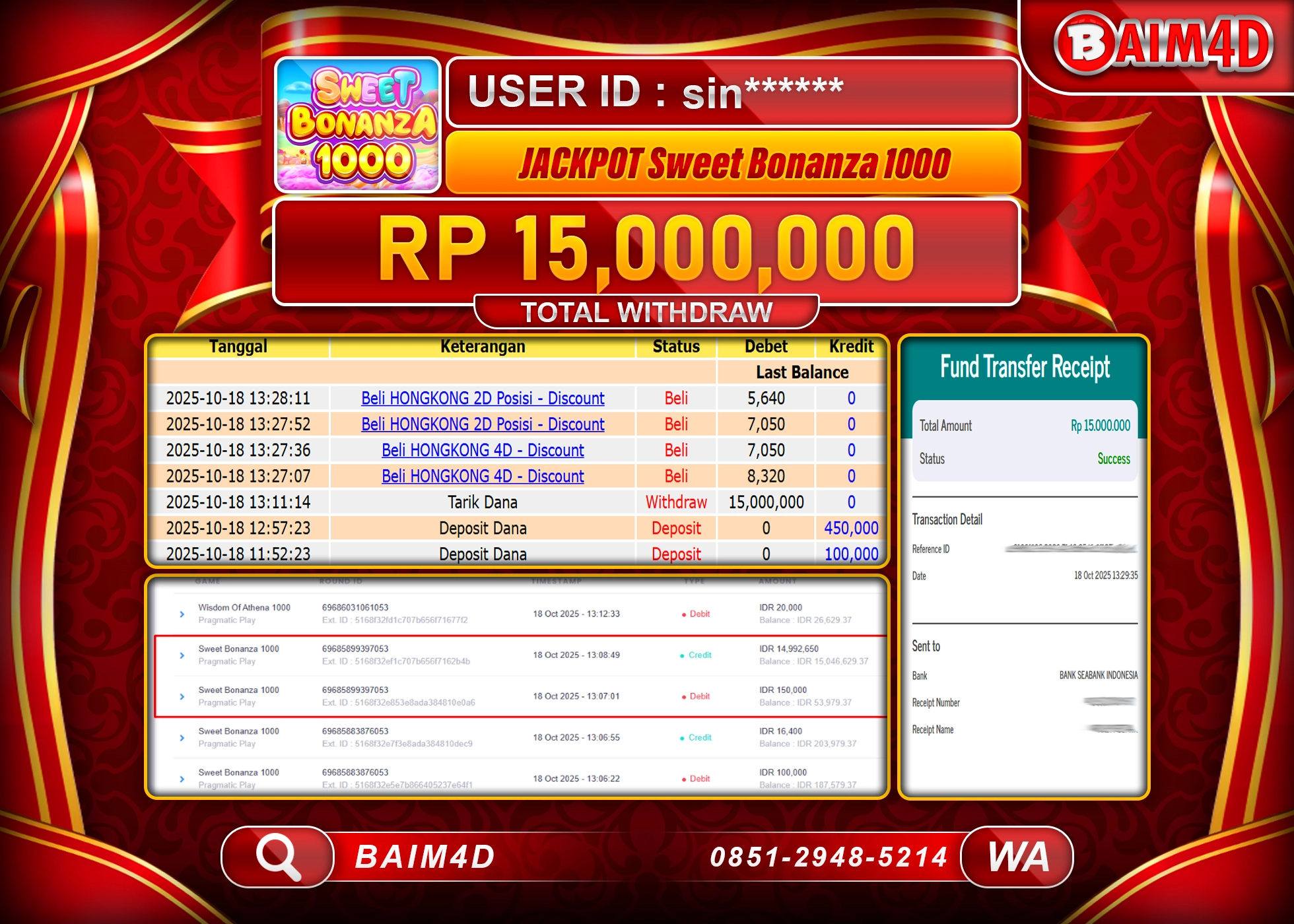 BAIM4D JACKPOT SLOT SWEET BONANZA 1000 Rp.15,000,000.- LUNAS