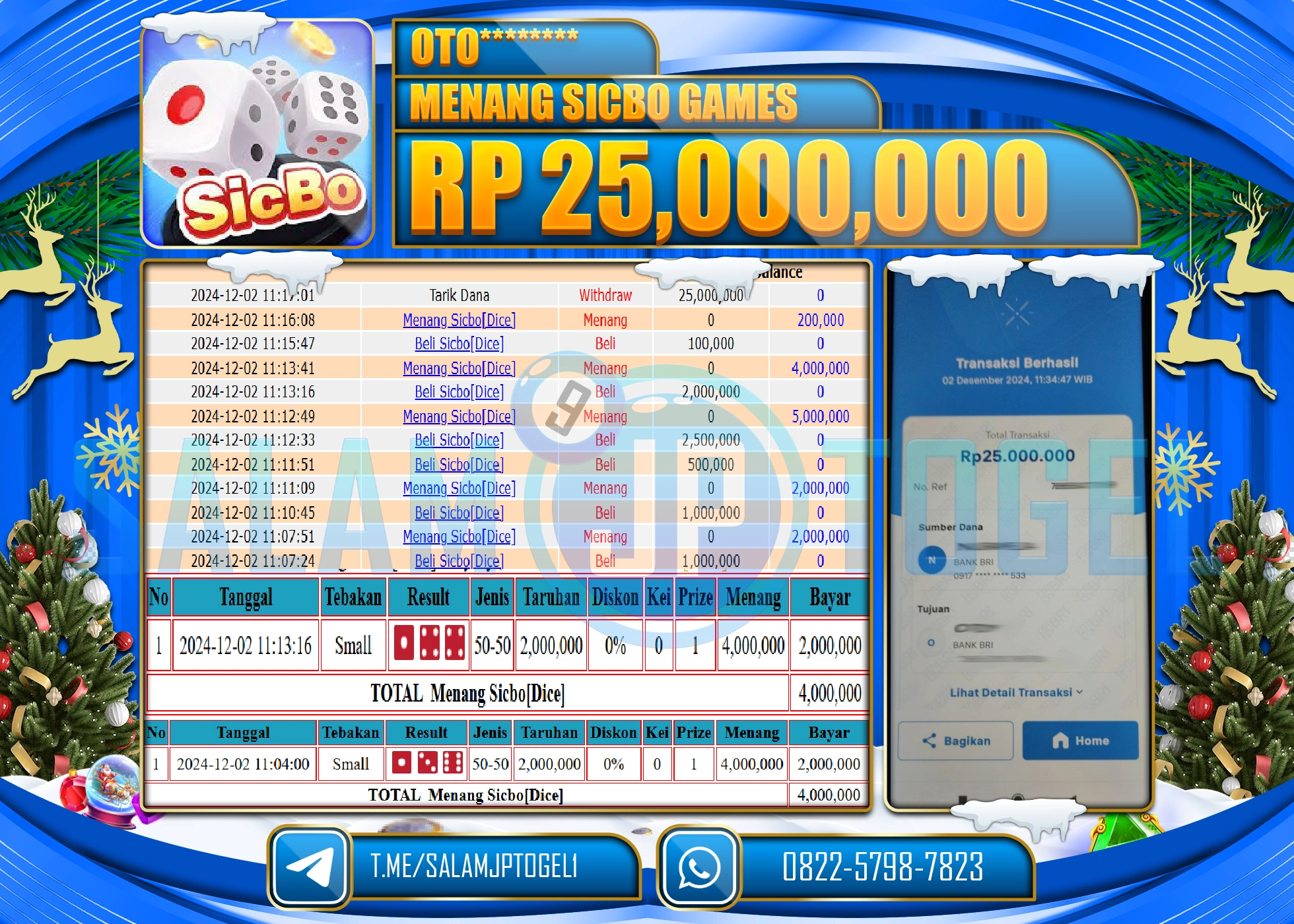 SALAMJPTOGEL MENANG LIVE GAMES SICBO DICE RP. 25,000,000 LUNAS